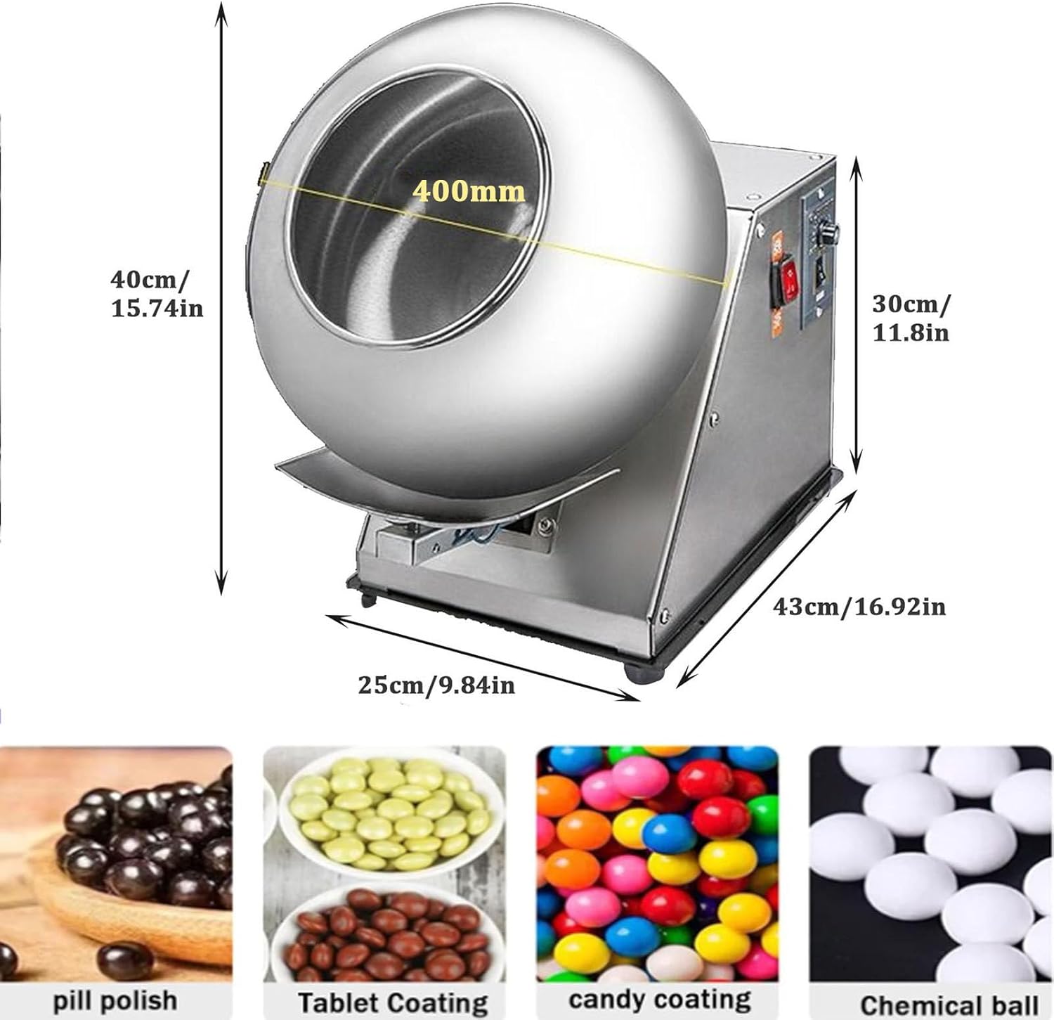 Commercial Machine,Small Sugar Coating Machine, Commercial Chocolate Coating Machine, Automatic Table Top Panning Coater for Coating Sugar Balls and Drying Chocolate,400mm