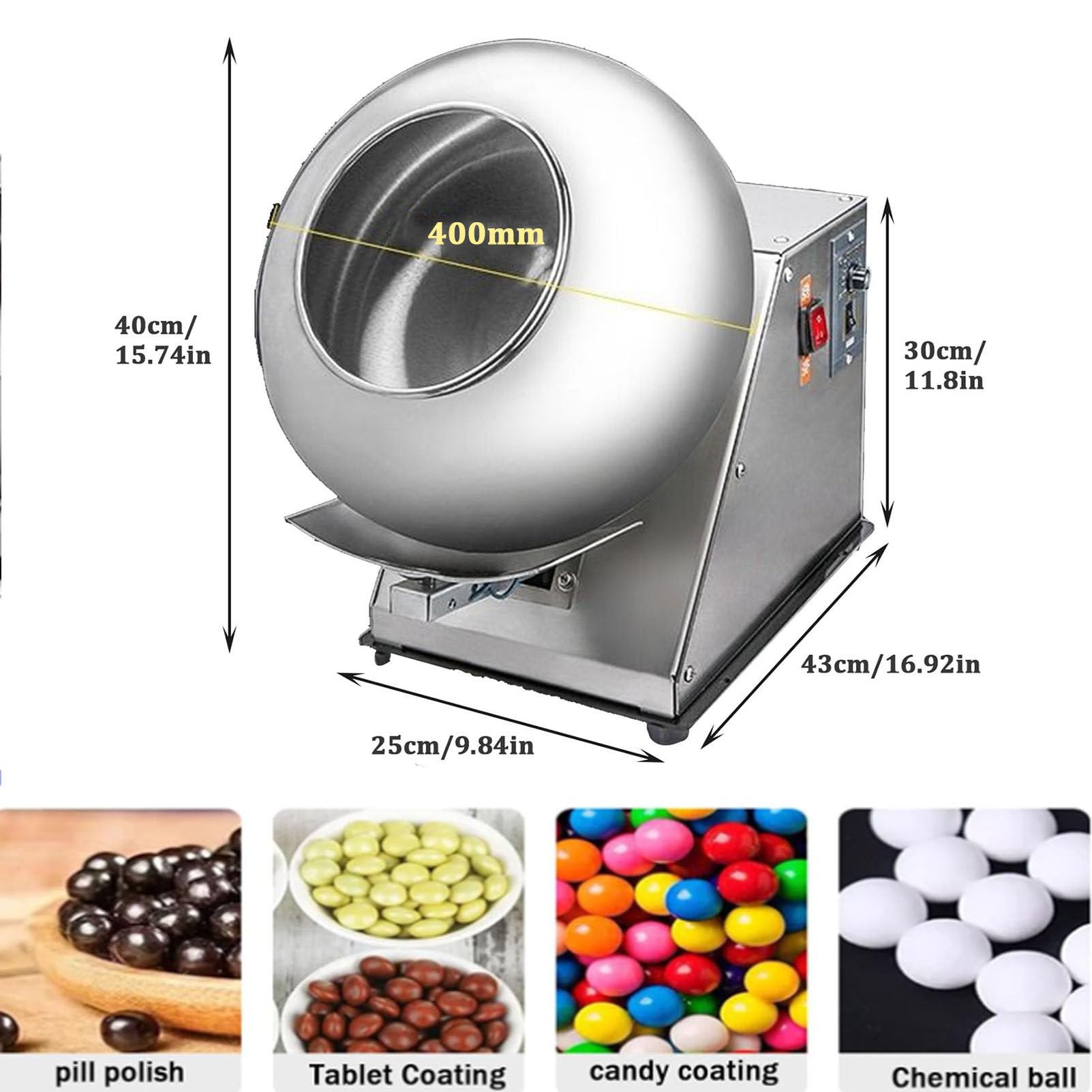 Commercial Candy Coater Machine, Electric Sugar Coating Machine, 2-5kg/h Chocolate Coating Polishing Machine (400mm)