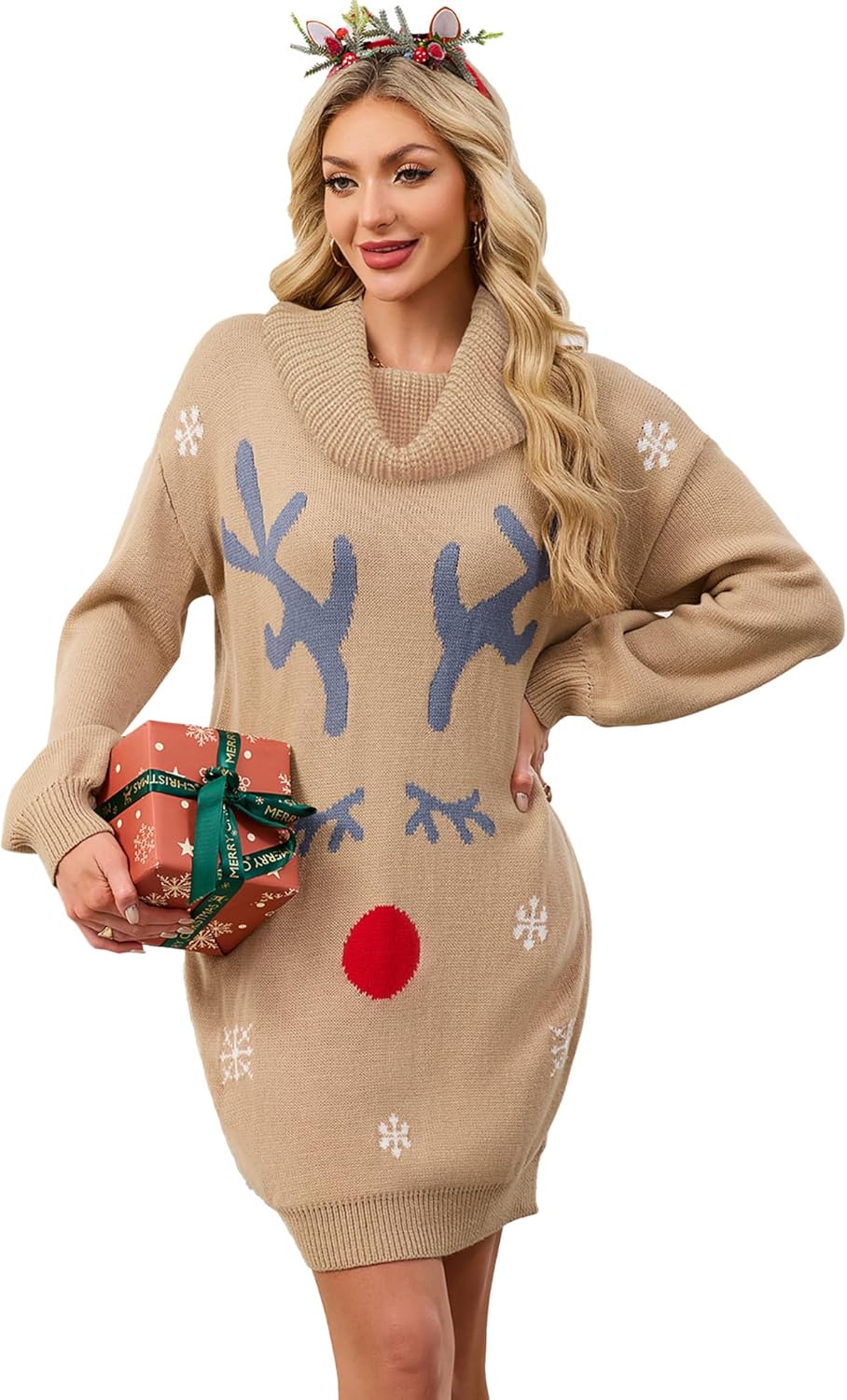 SunnyMelody Womens Christmas Funny Ugly Sweater Dress Winter 2025 Vacation Outfits Oversized Turtleneck Xmas Mini Dresses
