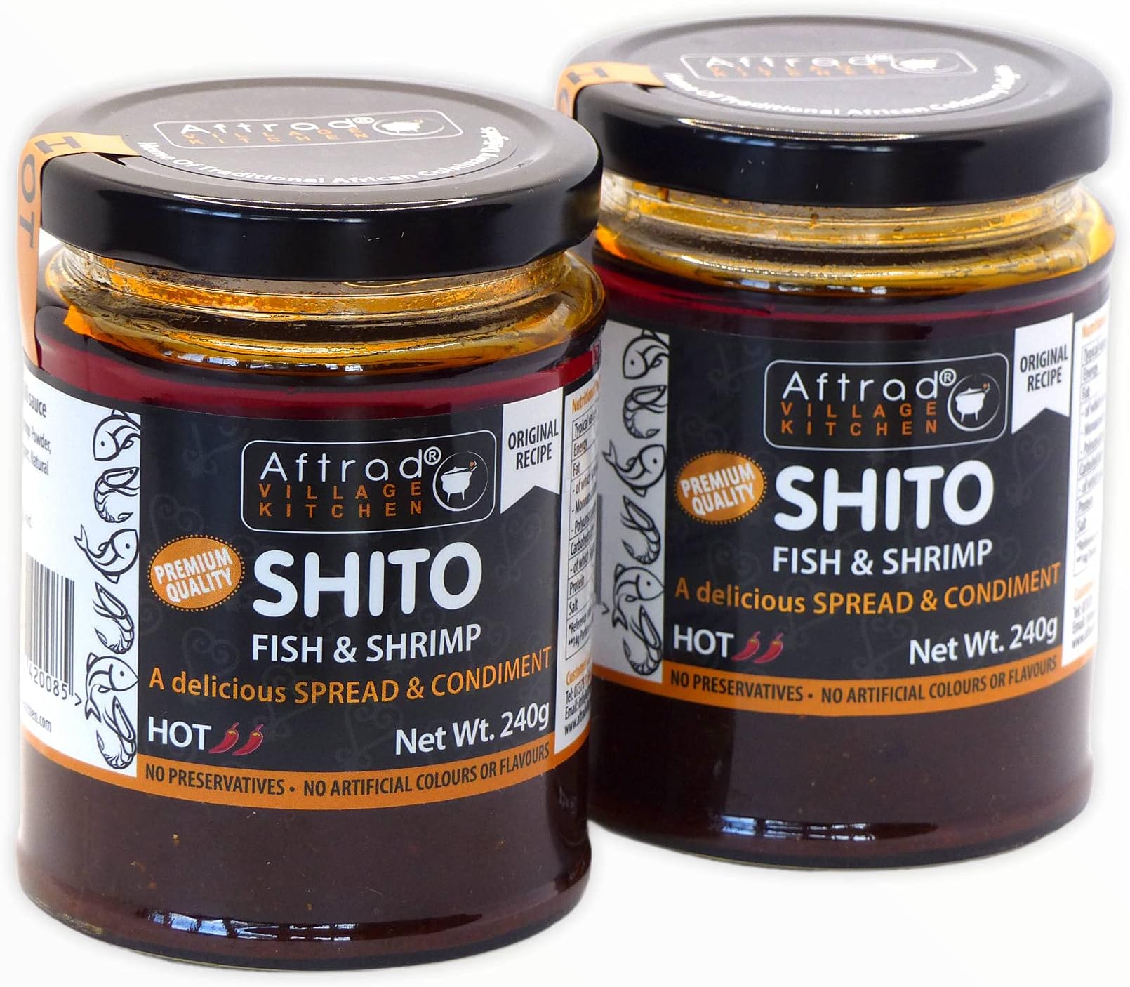 Aftrad Village Kitchen Shito Hot 240g (Pack of 2) - A Ghanaian chilli sauce made with smoked fish & shrimps. A delicious condiment for all cooked meals. Use it as dips, spreads and in sauces