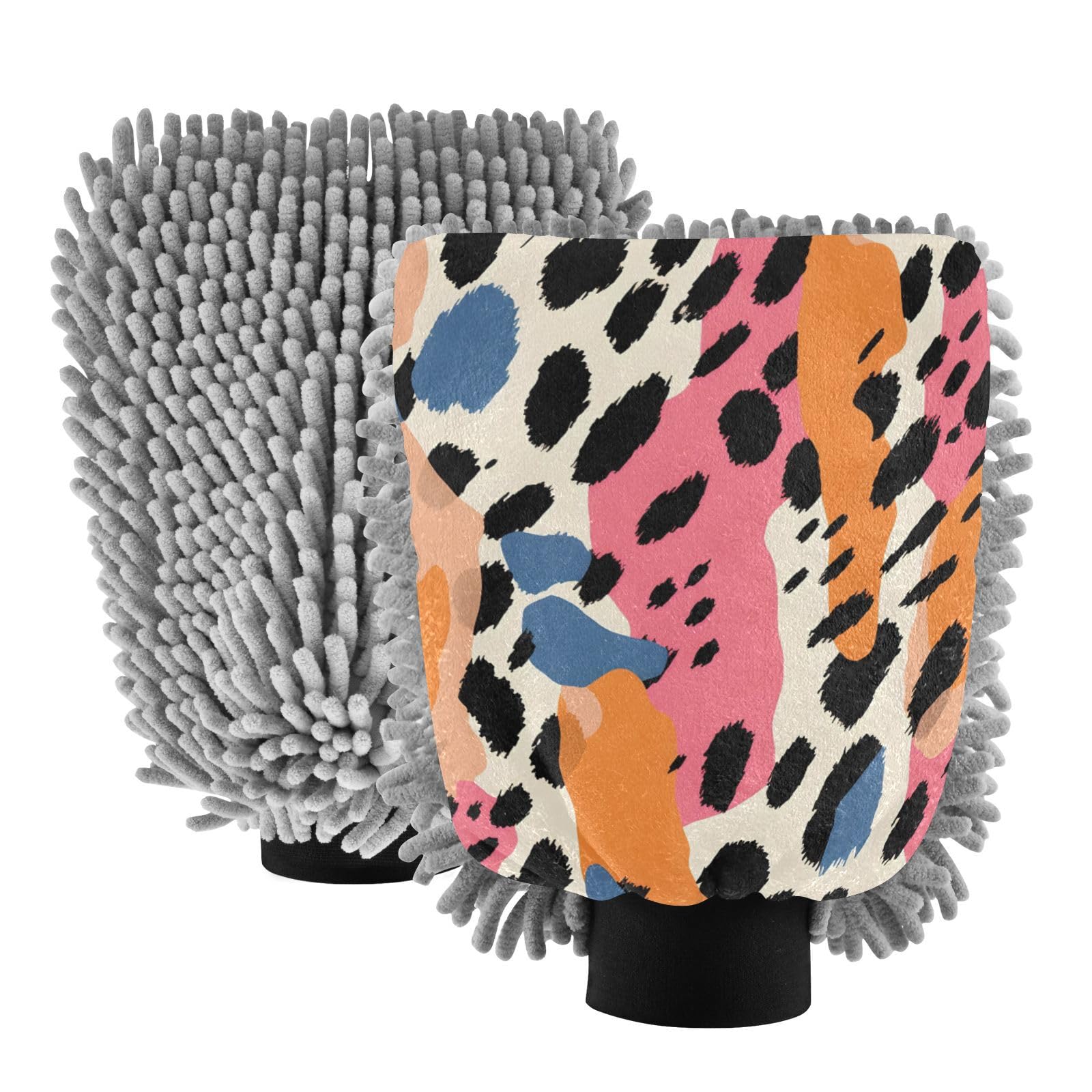 IOACIY Absorbent Microfiber Car Wash Drying Mitts, 2 Pack, Scratch-Free & Lint-Free, Rich Foam, Highly Absorbent, Double Sided, Wash Mitt Perfect for Car Washing, M, Cute Cheetah (3)