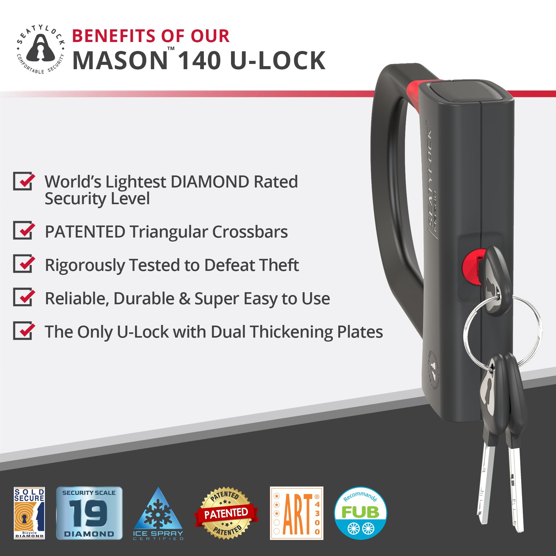 Seatylock Mason - Lucchetto a "U" per bici - Lucchetto antifurto a diamante brevettato, resistente, ultra sicuro, per la sicurezza delle biciclette, con chiavi, per biciclette elettriche urbane o da