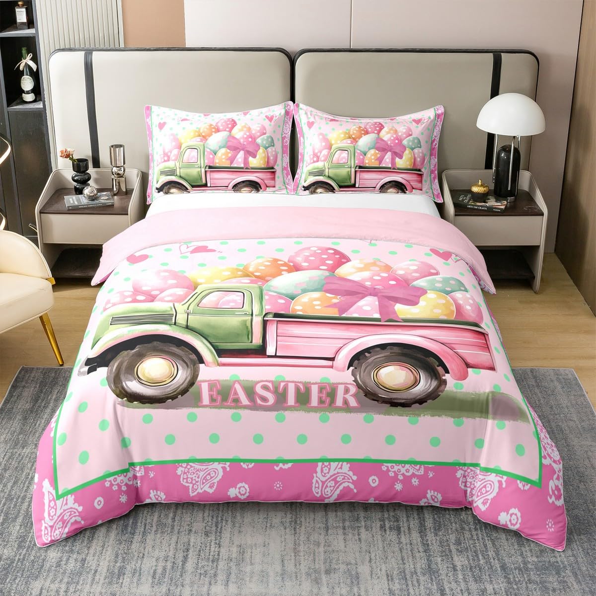 Castle Fairy Cotton Pink Easter Truck Duvet Cover King for Kids Boys Teens,Colorful Eggs 3 Pieces Duvet Cover,Western Paisley Flowers Comforter Cover (Not Comforter),Green Polka Dot Print Quilt Cover
