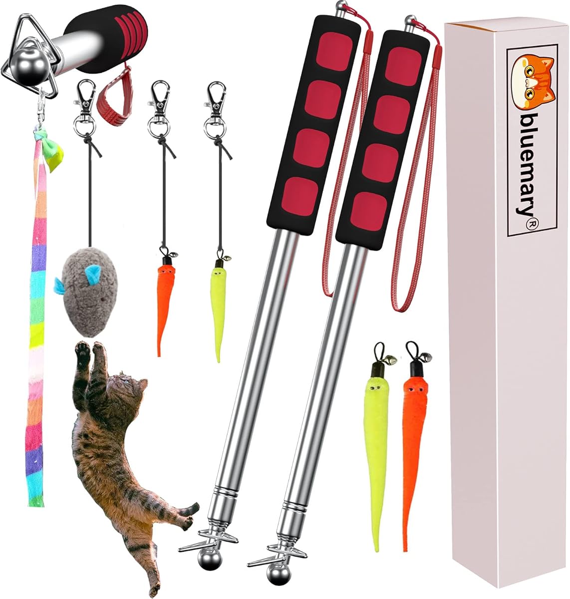 Bluemary 2 Cat Wand Toys & 4 Rainbow Feather String Toys - Engaging Interactive Play for Indoor Kittens and Cats - Ideal for Fun Exercise