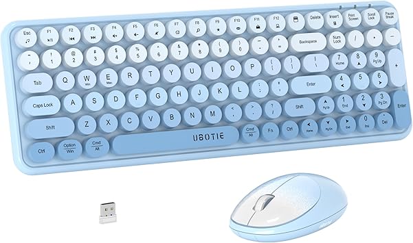 Wireless Keyboards and Mouse Combos, UBOTIE Colorful Gradient Rainbow Colored Retro Typewriter Flexible Keyboard, 2.4GHz Connection and Optical MouseBlue Gradient