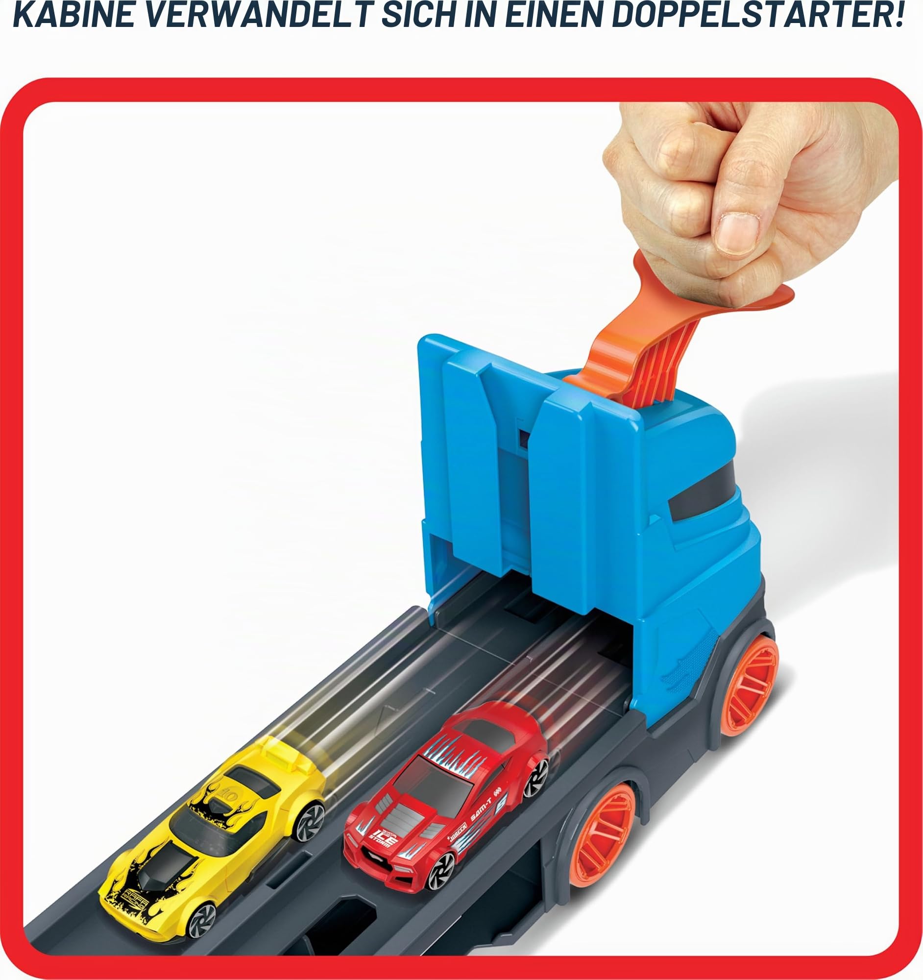Hot Wheels 2:1 Autorennbahn zu Transporter, inkl. 3 Spielzeugautos, mit Doppelstarter, Auslösefunktion und Weiche, Platz für 20 Autos, Spielzeug ab 4 Jahre, GVG37