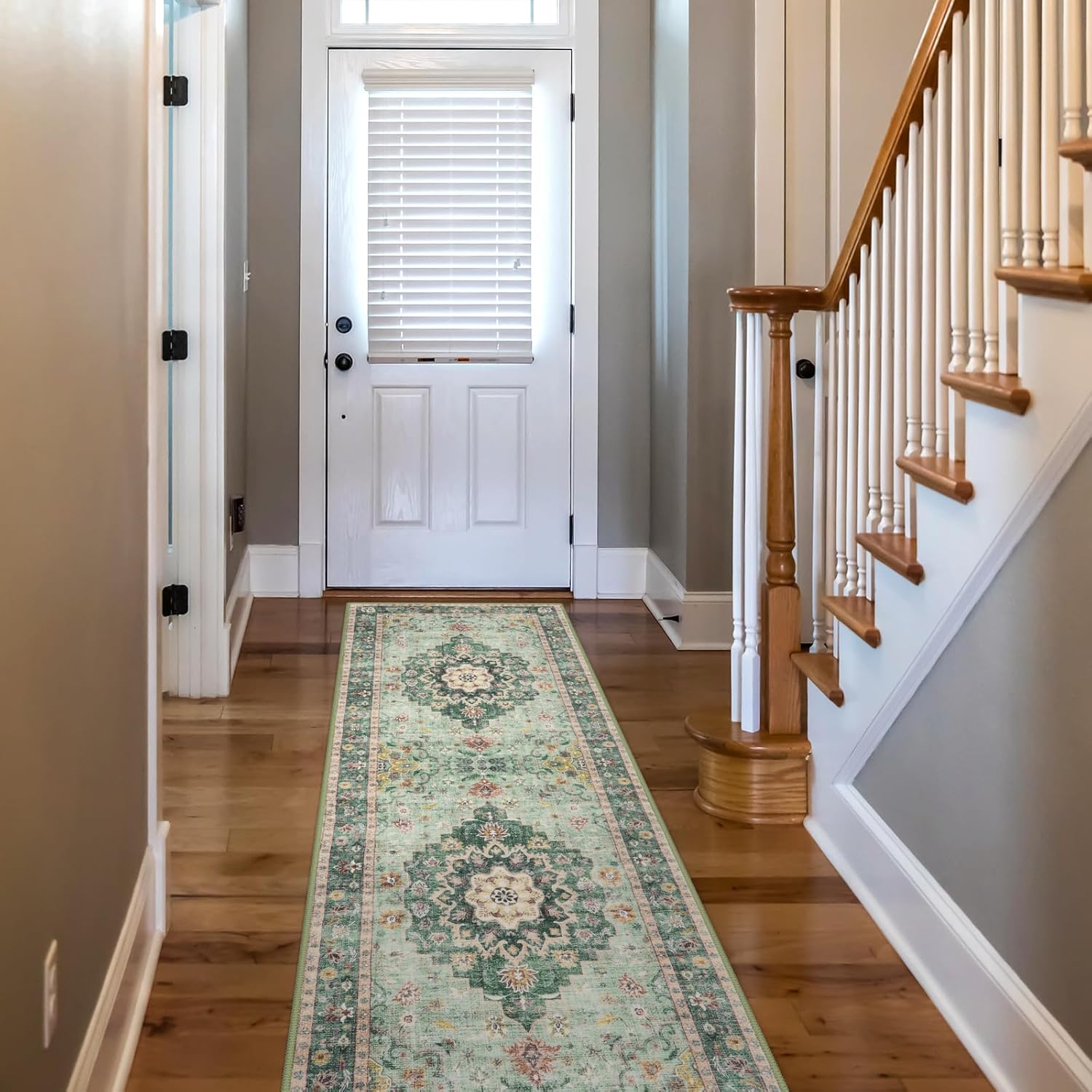 Green Floral 2' x 6' Washable Non-Slip Runner Rug