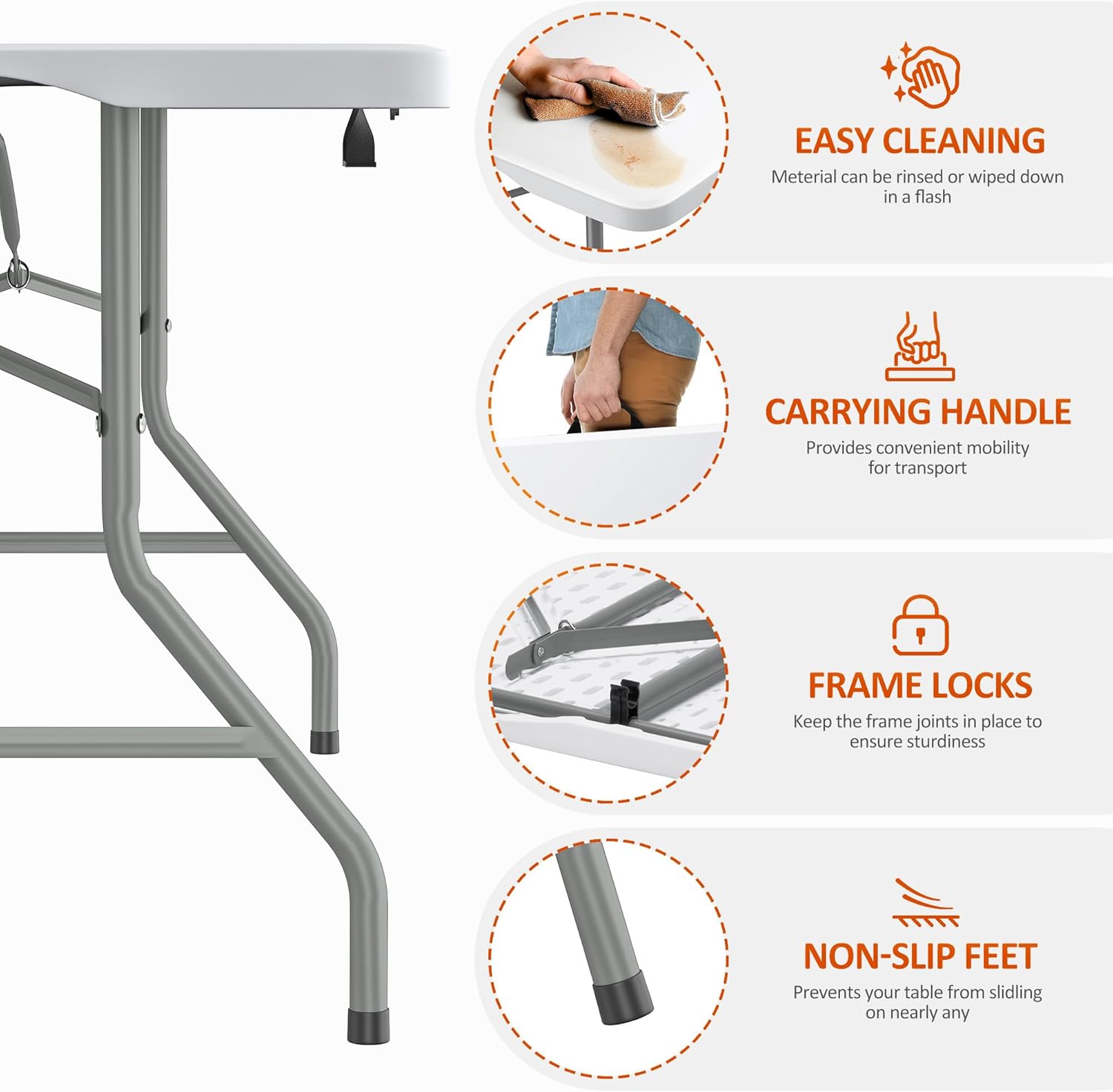 5 Foot Folding Table 350 LBS Heavy Duty, 18% Thicker HDPE Waterproof Top, Portable Fold in Half Table with Carrying Handle and Steel Frame for Indoor Outdoor Party Events