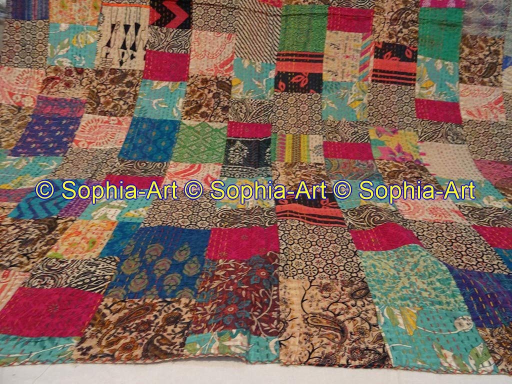 Boho Sanskriti Kantha-Steppdecke – Wendbar, Handgesteppt, Vintage Design, 214x140 Cm (Doppelbett), Mehrfarbig, Nur Chemische Reinigung