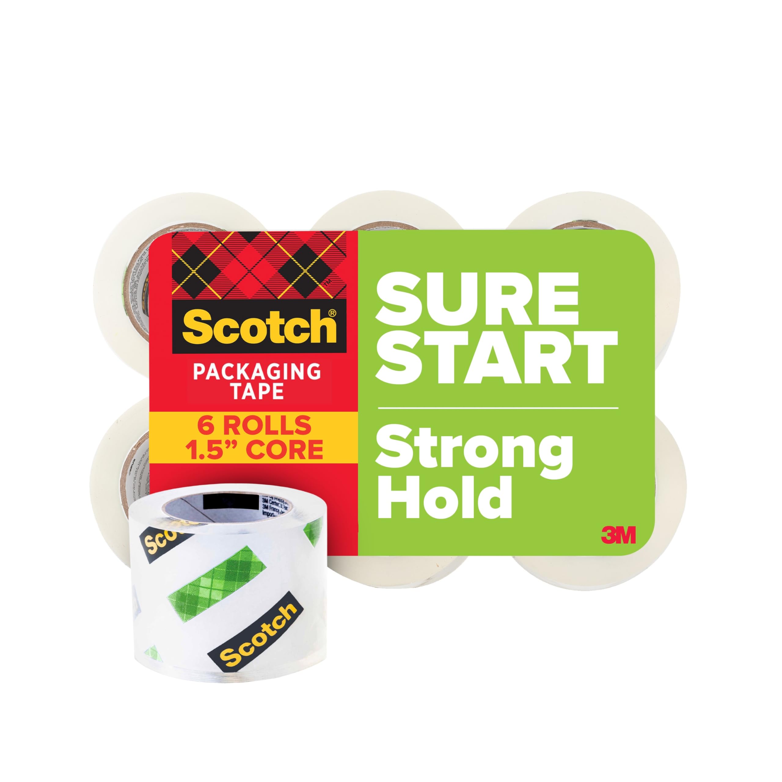 Scotch Sure Start Packing Tape, Clear, Holiday Wrapping Tape with Quiet Unwind and Easy Start, 1.88 in. x 25 yd., 6 Tape Rolls, Packaging May Vary