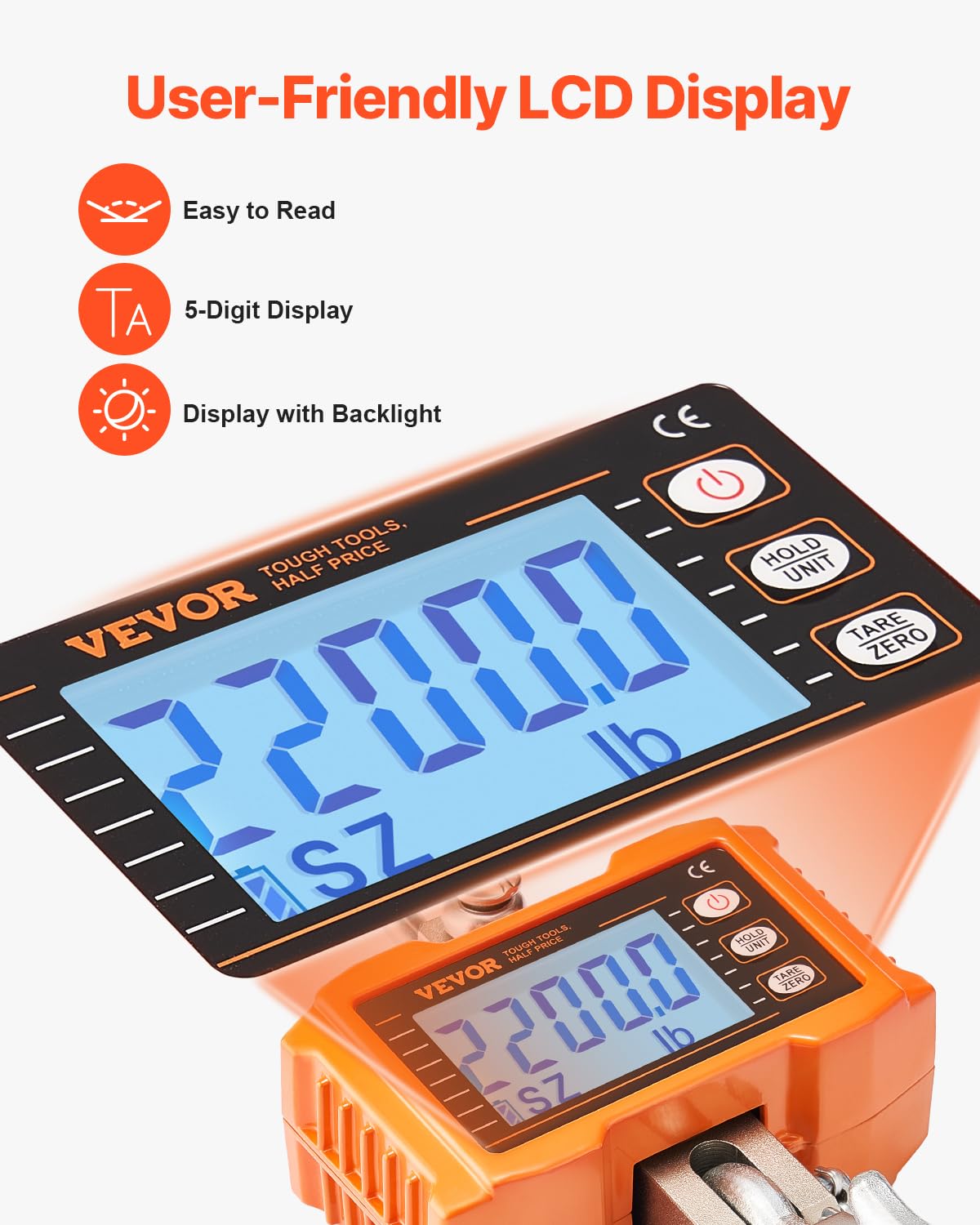 VEVOR Industrielle Hängewaage, 1000 kg, robuste digitale Kranwaage mit Fernbedienung, Lastenwaage, Gehäuse aus Aluminiumguss, hochpräzises LCD-Display für Bau, Fabrik, Bauernhof, Jagd, Orange