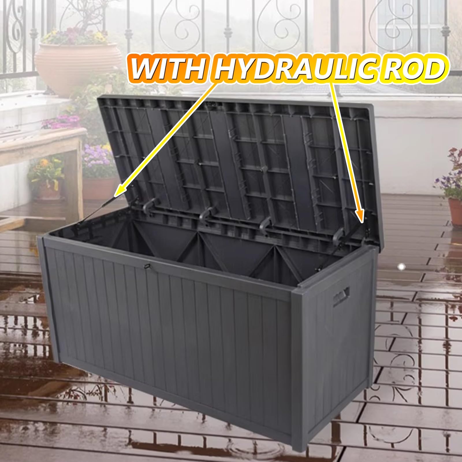 Boîte de rangement d'extérieur avec tige hydraulique, plastique PP étanche, finition grain de bois, grande capacité, verrouillable pour jardin, garage, abri de jardin