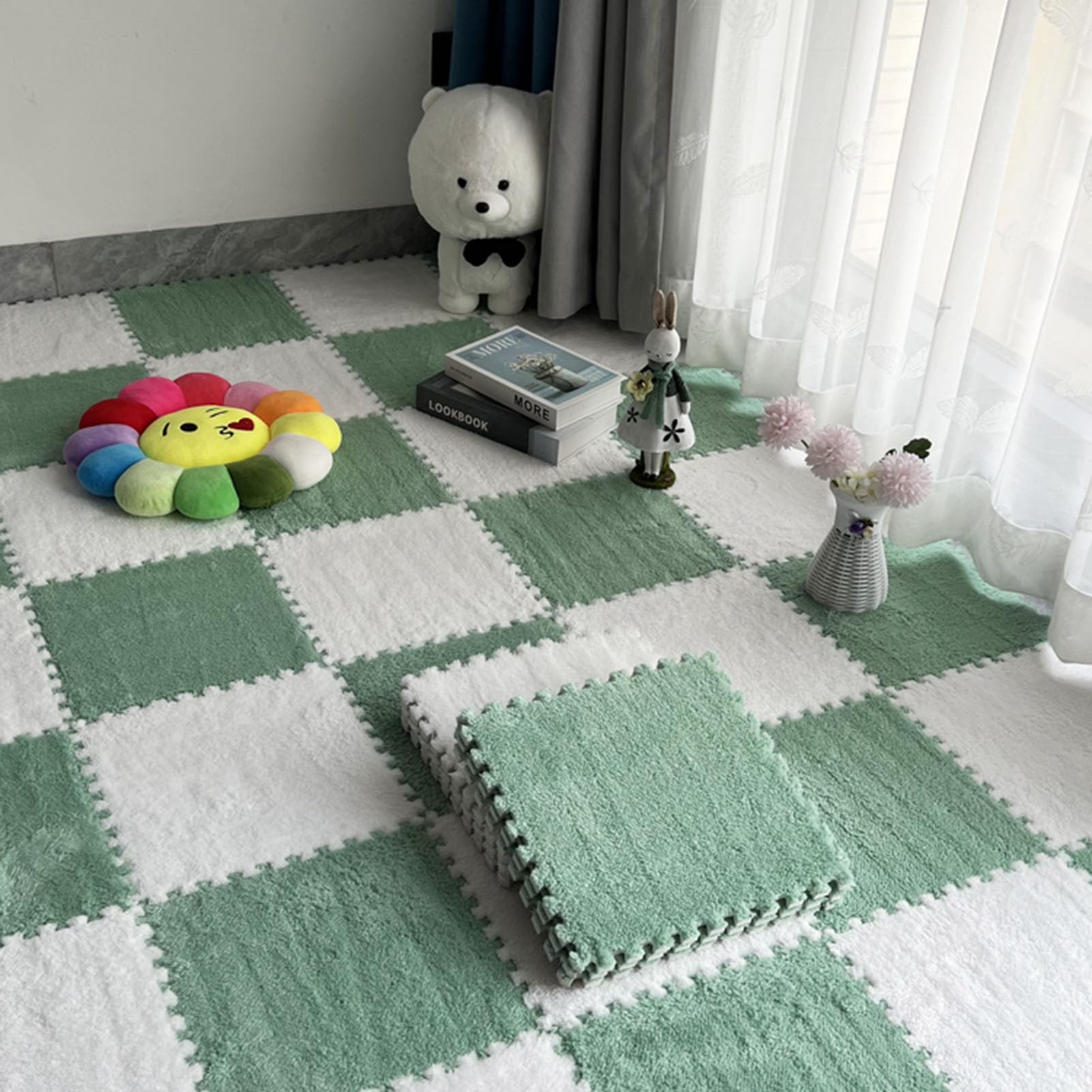 10 Pezzi 12"x12" Tappetino Puzzle In Schiuma Di Peluche Con Bordo, Tappeto Quadrato Ad Incastro Soffice Tappeto, Tappetino Antiscivolo Per Camera Da Letto Da Salotto(Color:Verde Chiaro+Bianco)