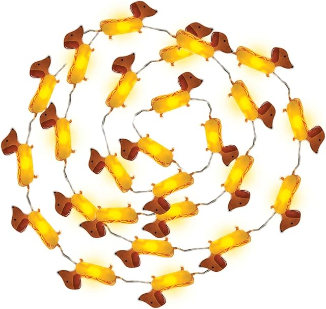 Sausage Dog String Lights. Includes 30 Mini Sausage Dog Shaped LED Light. 2 Metre Wire. Battery Operated.