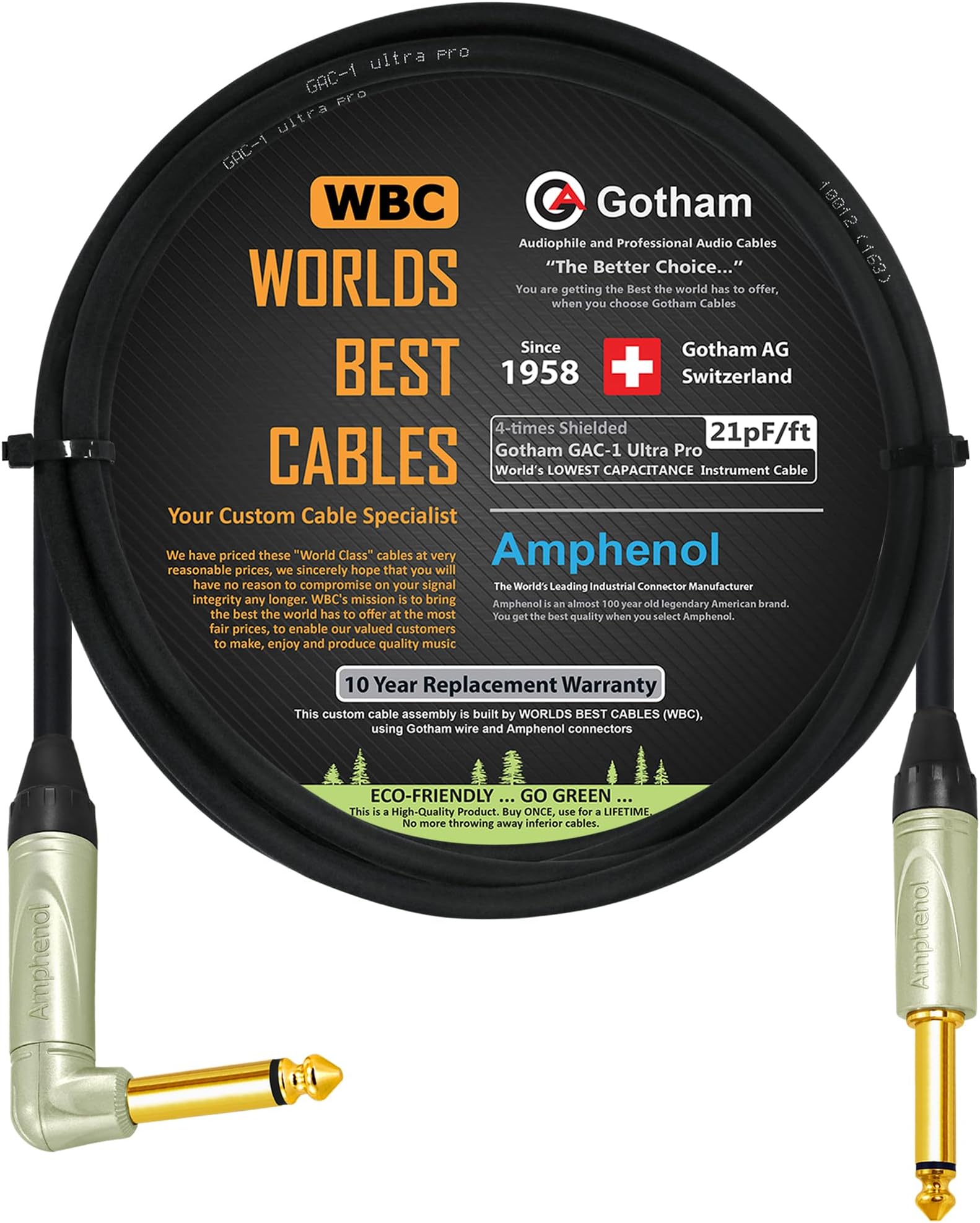 6 Foot - Gotham GAC-1 Ultra Pro (Black) - Premium, Low-Capacitance (21 pf/F) Guitar Bass Instrument Cable - Amphenol QM2R-AU & QM2P-AU ¼ Inch (6.35mm) Gold TS Connectors