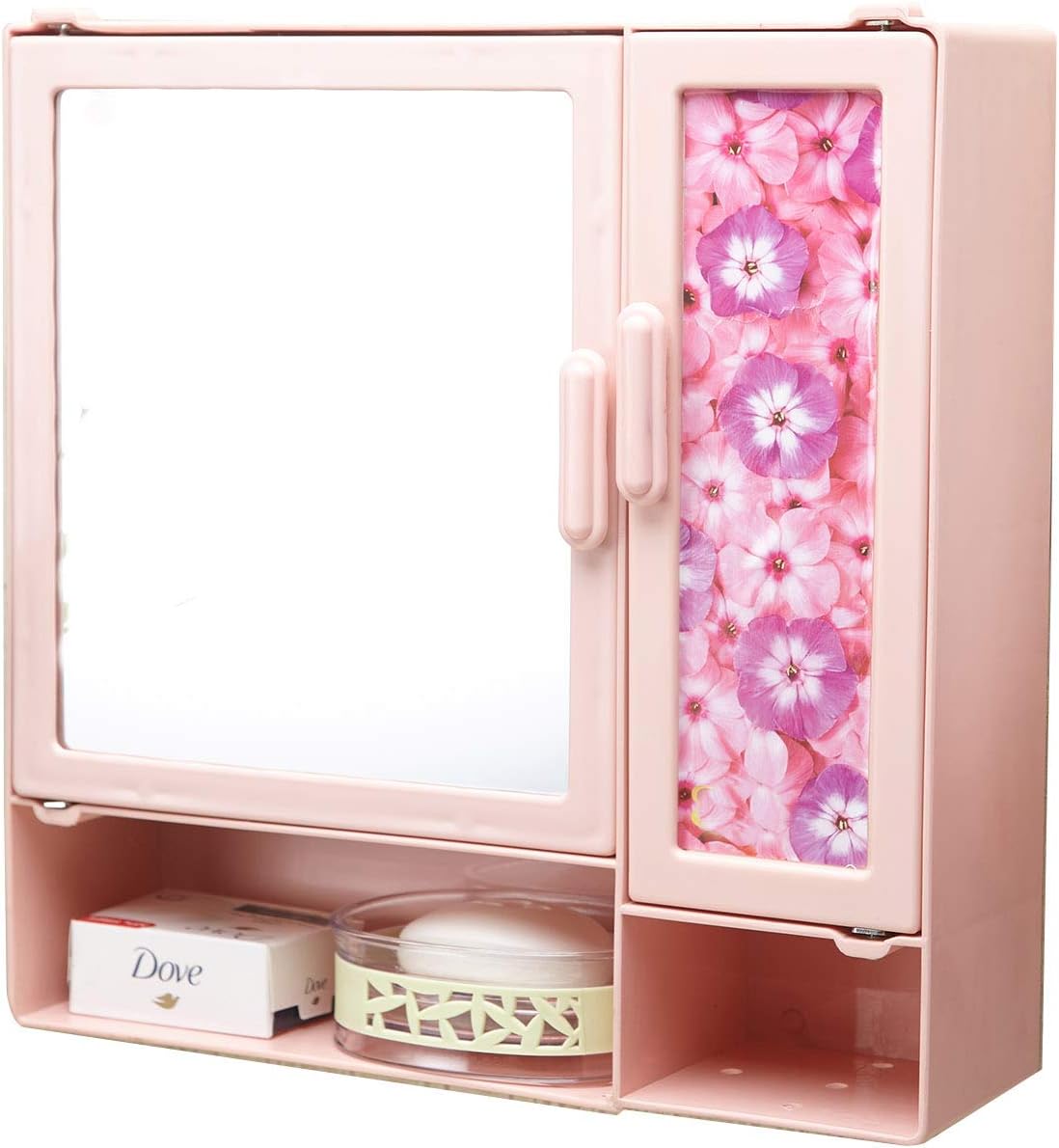 zahabBlossom PVC Bathroom Cabinet with Mirror,Shelf Pink Double Door 14 x 4 x 14 inch