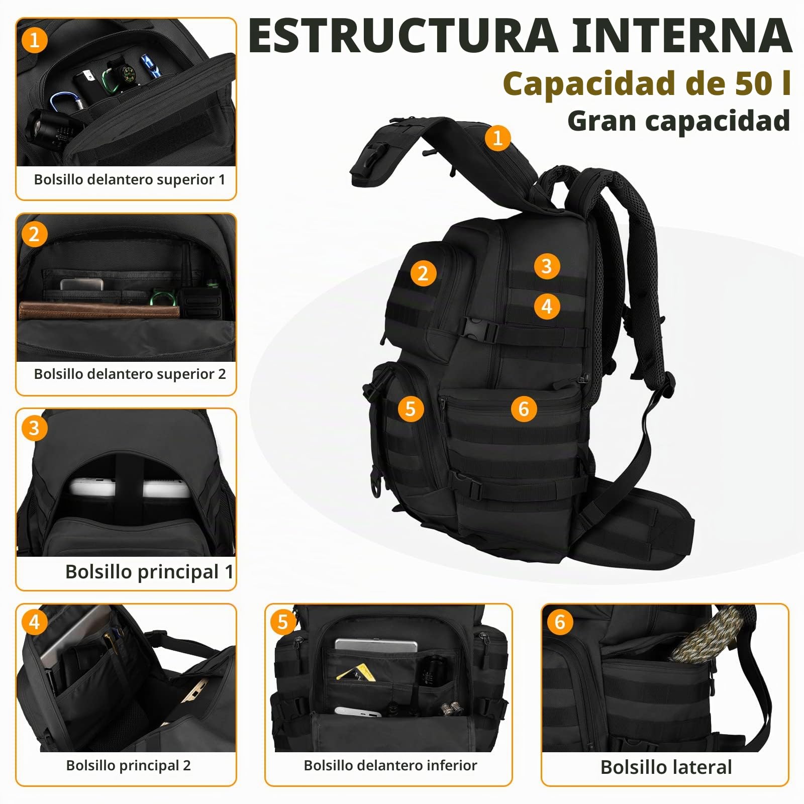 HUNTVP 50L Mochila Táctica Grande Mochila de Asalto 900D Nylon Militar Assault Pack MOLLE Impermeable para Hombre Caza Al Aire Libre Ciclismo Senderismo