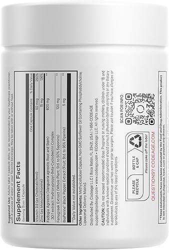 Miniatura 8 de Codeage Suplemento Liposomal Fadogia Agrestis 600mg - Extracto de Fadogia Agrestis 30:1, vitamina D3, zinc, fenogreco, pimienta negra BioPerine -
