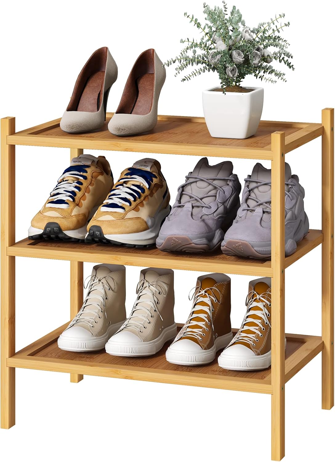 Small Shoe Rack, Bamboo Wood Shoe Rack for Entryway, Stackable