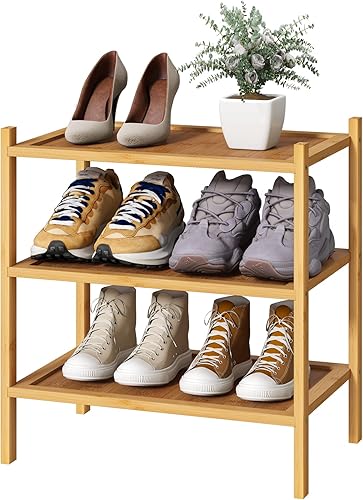 Vista 81 de Zapatero de bambú para entrada, apilable de 2 niveles, plegable, natural, organizador de zapatos para armario de pasillo, zapateros independientes