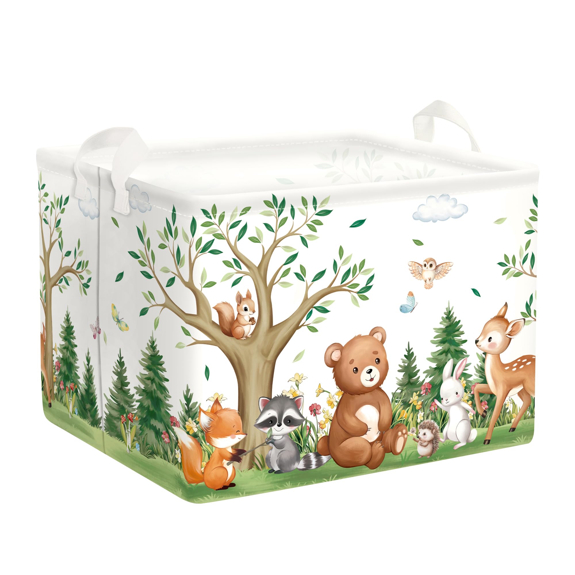 HUUMONSS Süßes Waldtier Groß Wäschekorb Baum Laub Stoff Aufbewahrungskorb Kleidung Spielzeug Aufbewahrungsbox für den Heimgebrauch/den Außenbereich, Bär, 36L