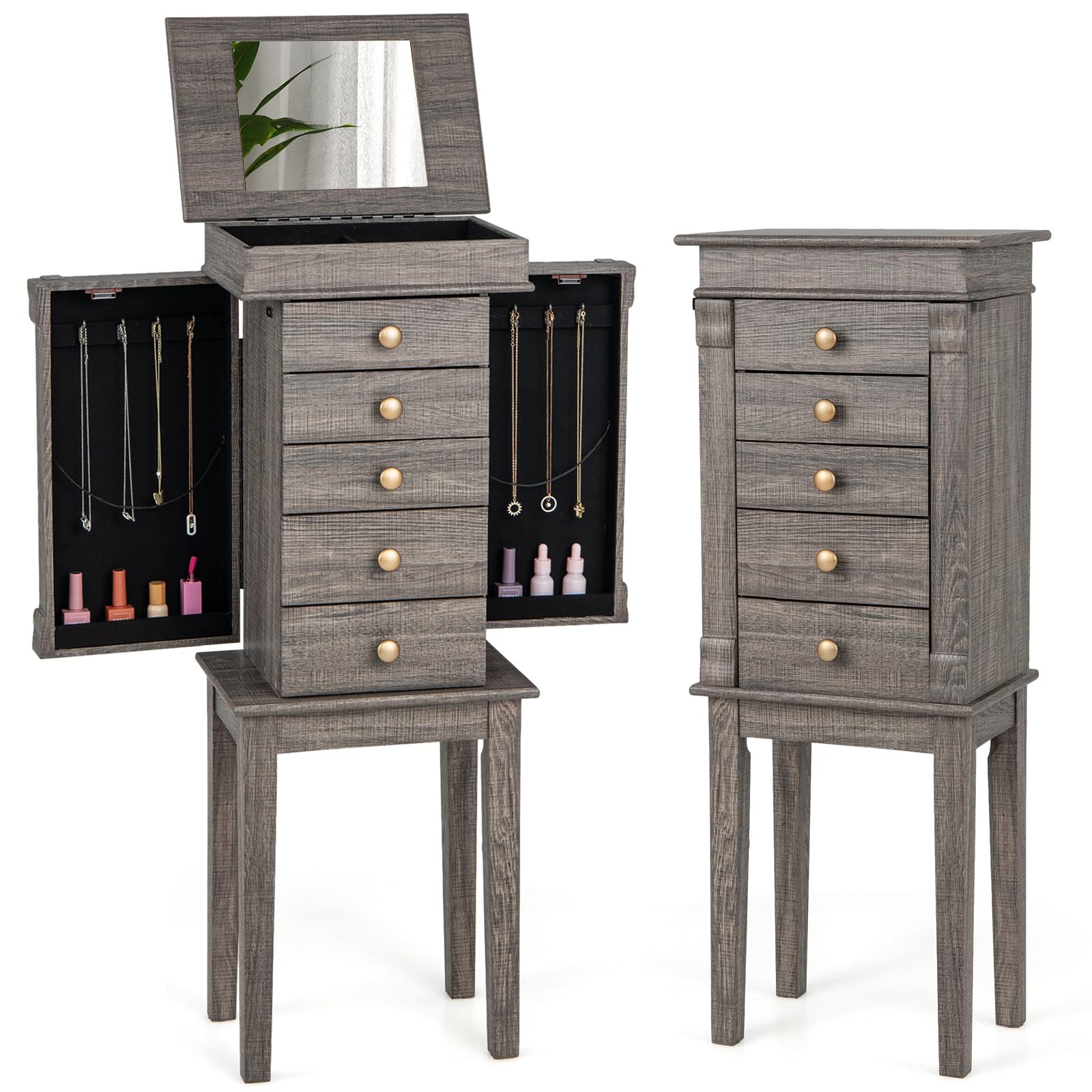 CHARMAID Gray Cabinet, 5 Drawers Jewelry Armoire with Mirror, Swing Doors, Necklace Hooks, Standing Organizer, Large