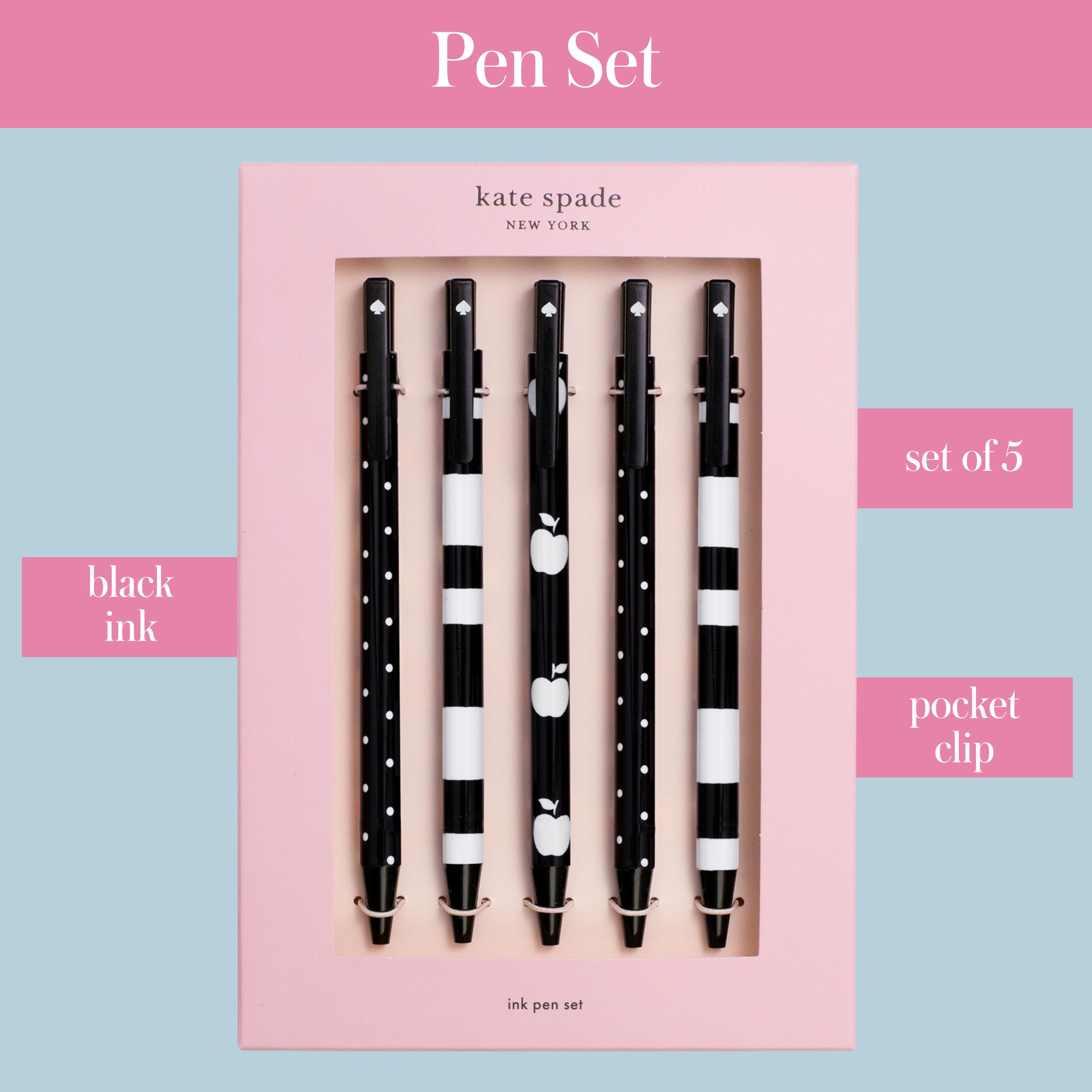 Kate Spade New York Black Ink Pen Set of 5, Cute Plastic Click Pens, Dots and Stripes