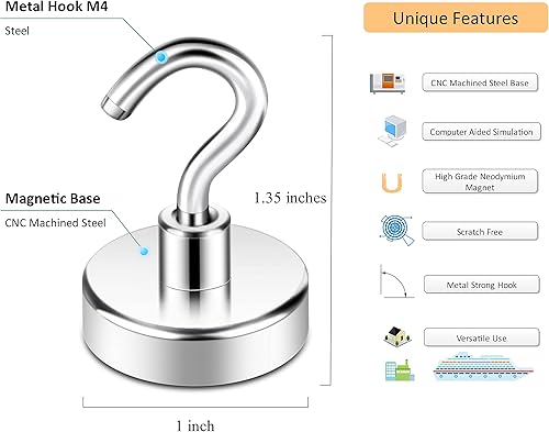 Vista 115 de Neosmuk Ganchos magnéticos resistentes, imanes fuertes con gancho para refrigerador, ganchos industriales súper resistentes de neodimio para colgar