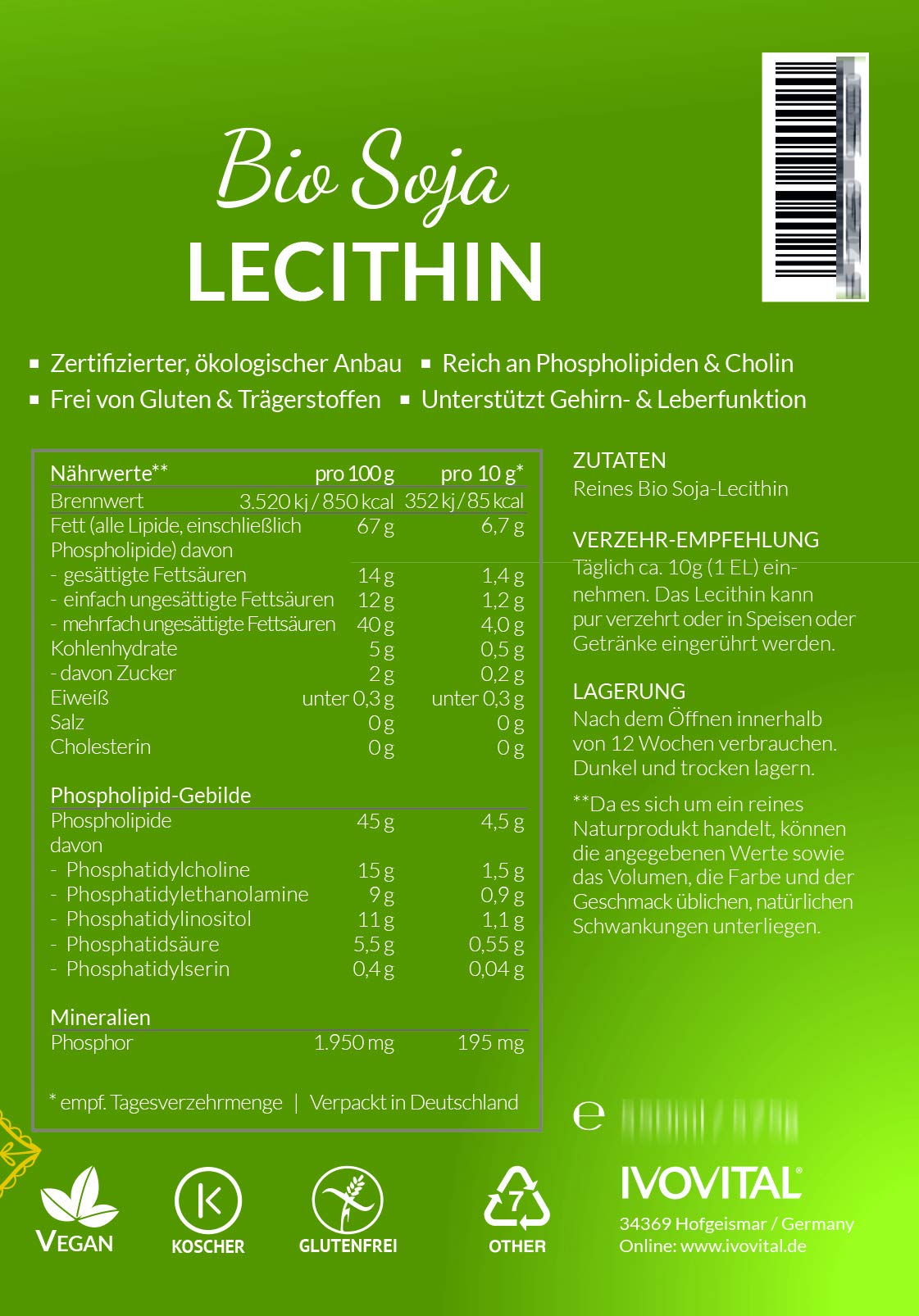 Lecitina di soia biologica liquida, IVOVITAL® (pressatura ecologica) (550 ml)