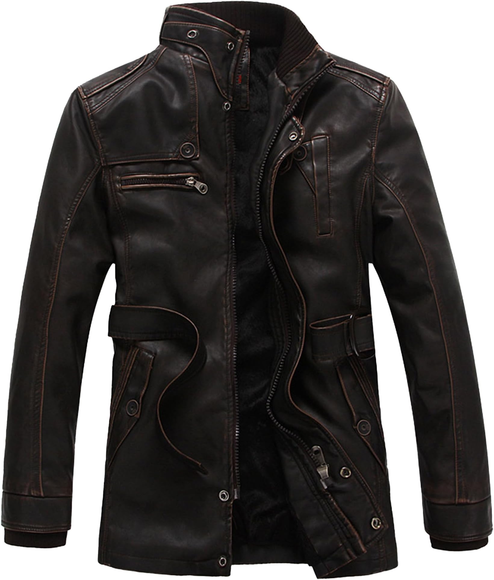 Male Winter Vintage Belted Trench Coat Washed Faux Leather Coats Warm Leather Aviator Motorcycle Jacket