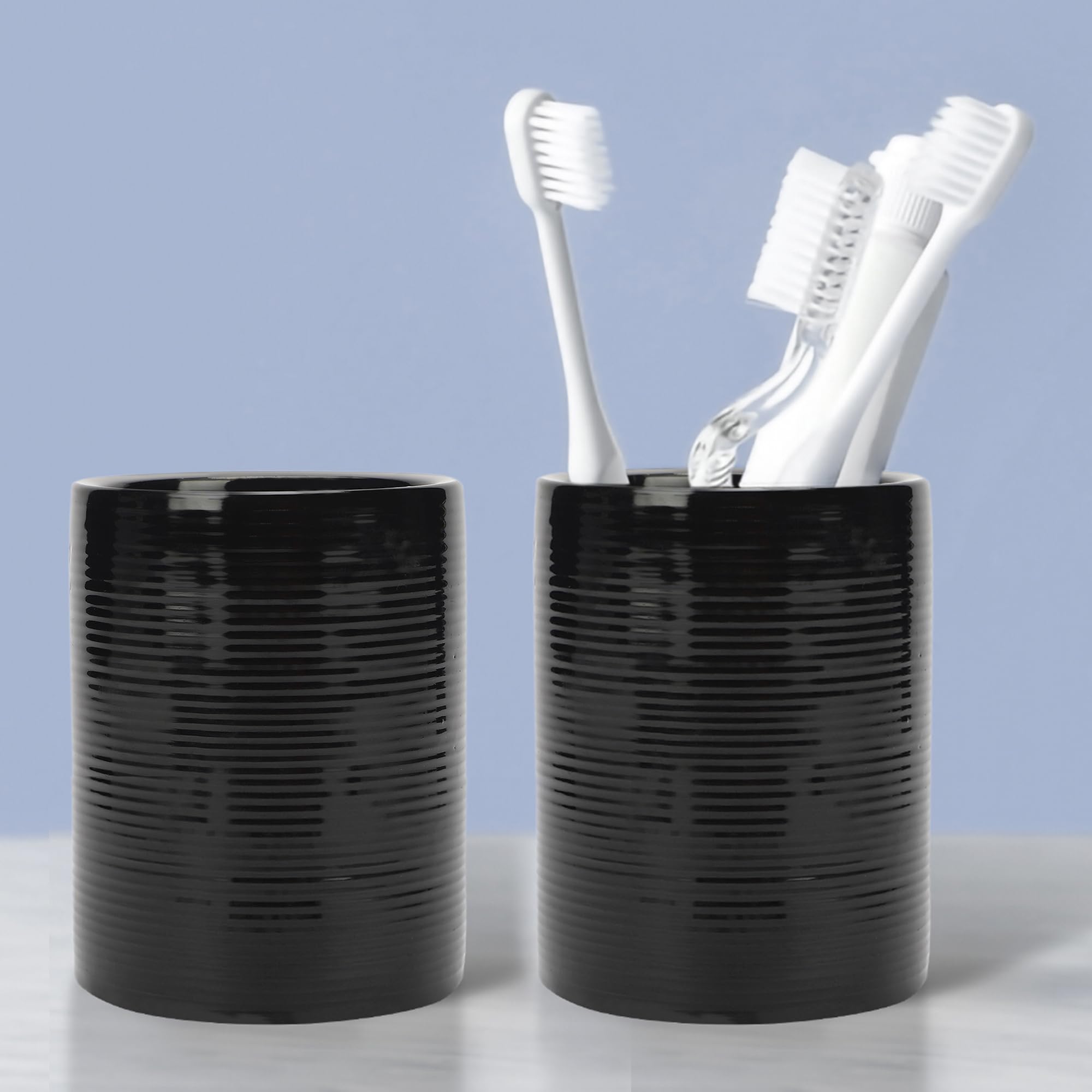 Anko Ceramic Toothbrush Holder for Bathroom | Toothpaste, Makeup Brush Holder for Bathroom | Bathroom Accessories for Wash Basin | Home, Office, Bathroom Organiser | Black, Ribbed | Set of 2 (B0CHB9MPWS) Amazon Price History, Amazon Price Tracker
