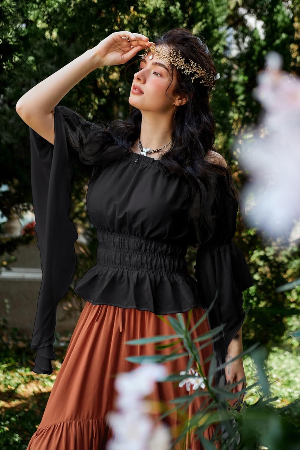 Scarlet Darkness Women's Renaissance Shirt Ruffle Sleeve Off The Shoulder Peplum Blouse Peasant Dressy Top - Image 2