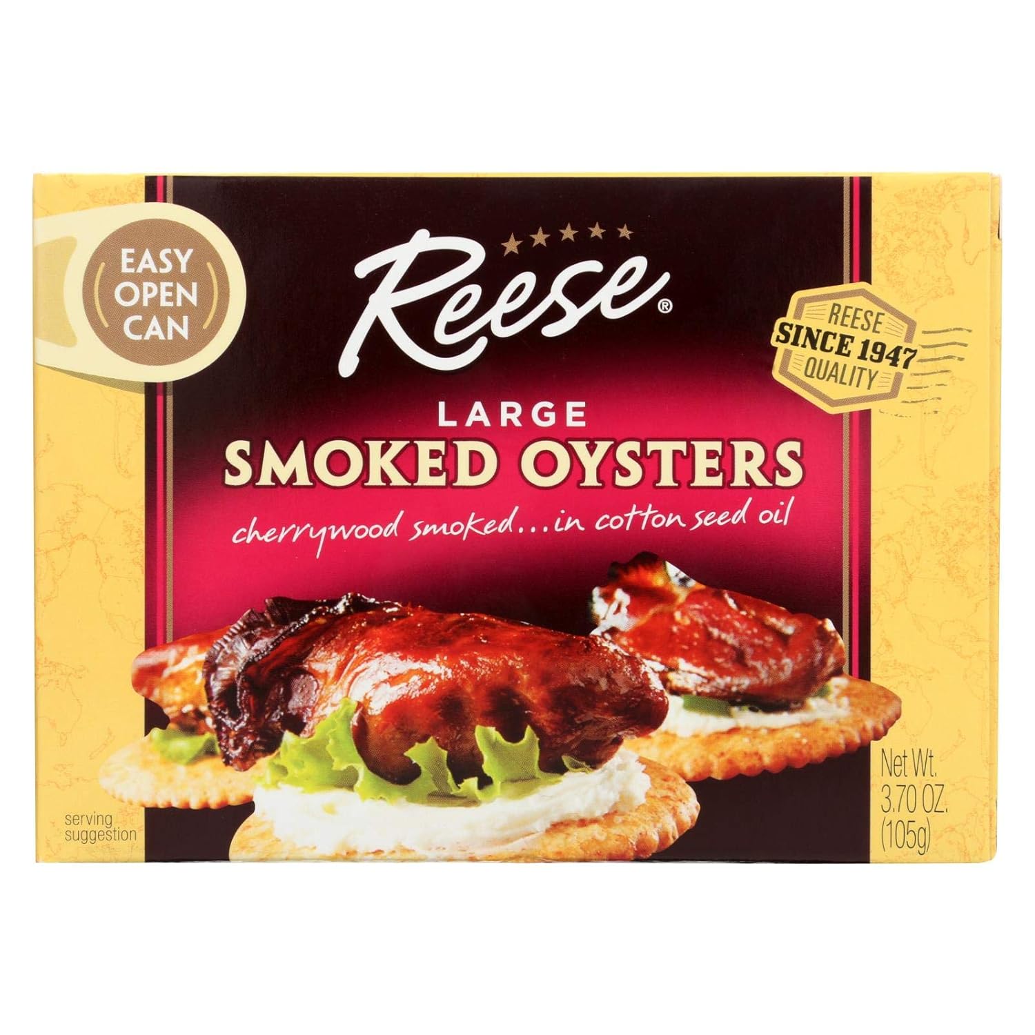 Reese Colossal Smoked Oysters in Cottonseed Oil - 3.7 oz Easy-Open Cans, Case of 10 Premium Farm-Raised Seafood