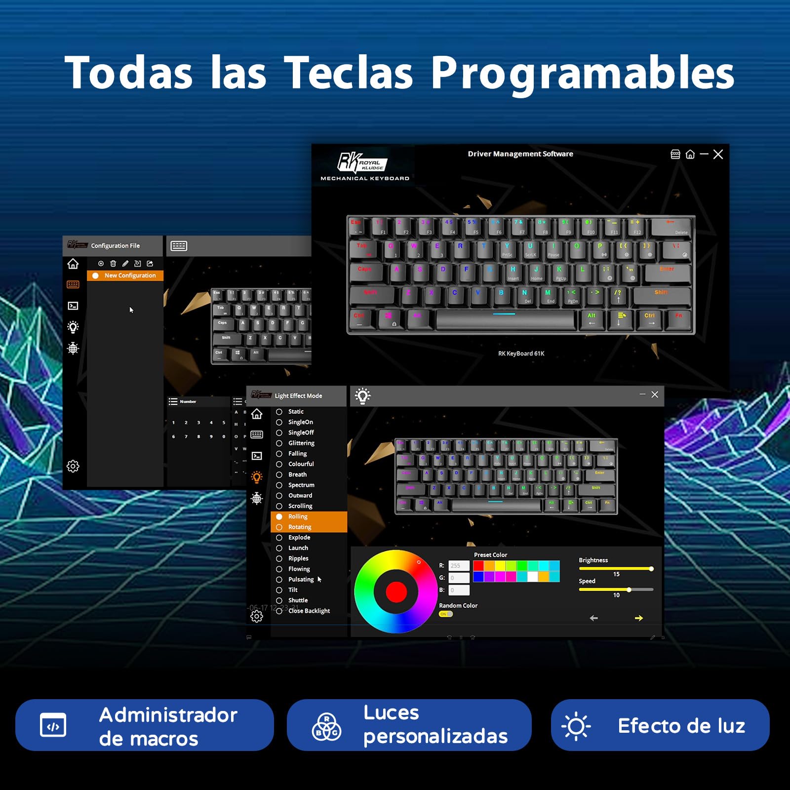 RK ROYAL KLUDGE RK61 Teclado Inalambrico, Español Teclado Mecánico Gaming 60% RGB Bluetooth/USB-C/2.4Ghz Interruptor Rojo Hot Swap Compatible con MacBook/iPad/iOS/Mac OX/Windows PC Tableta, Negro