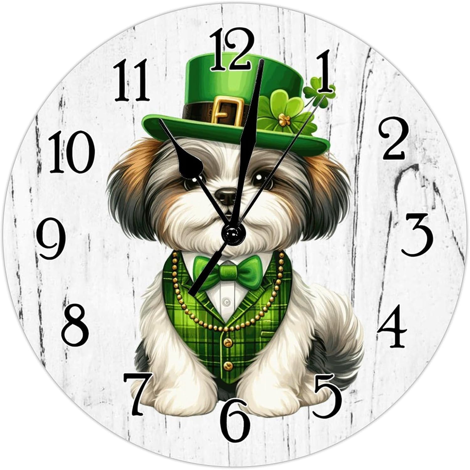 Shih Tzu Dog St. Patrick's Day Wooden Wall Clock Shih Tzu Dog Green Leprechaun Hat Leaf Clock Pet Owner Gift Decorative Clocks Quality Quartz Battery Operated Silent Wall Clock 12x12in