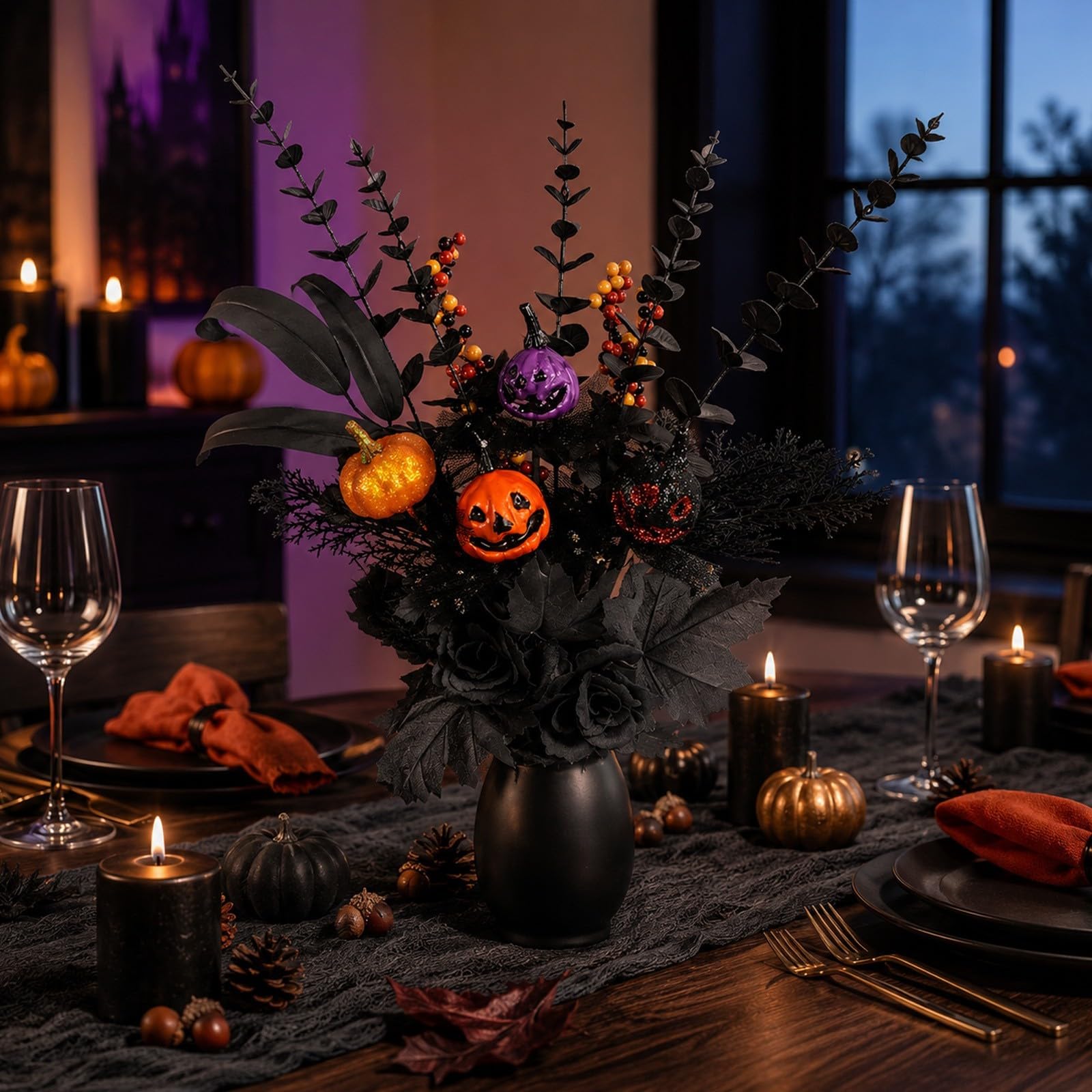 8 Piezas Ramos Halloween : Calabazas y Rosas Negras 8 Piezas