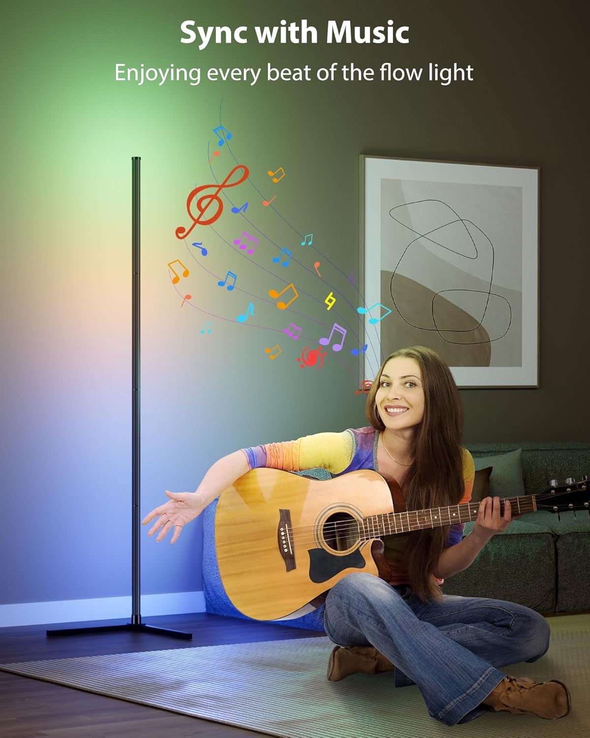 Lampadaire d'angle LED avec application et télécommande, 16 millions de couleurs à faire soi-même et plus de 68 scènes, synchronisation de la musique, lumière d'ambiance intelligente à