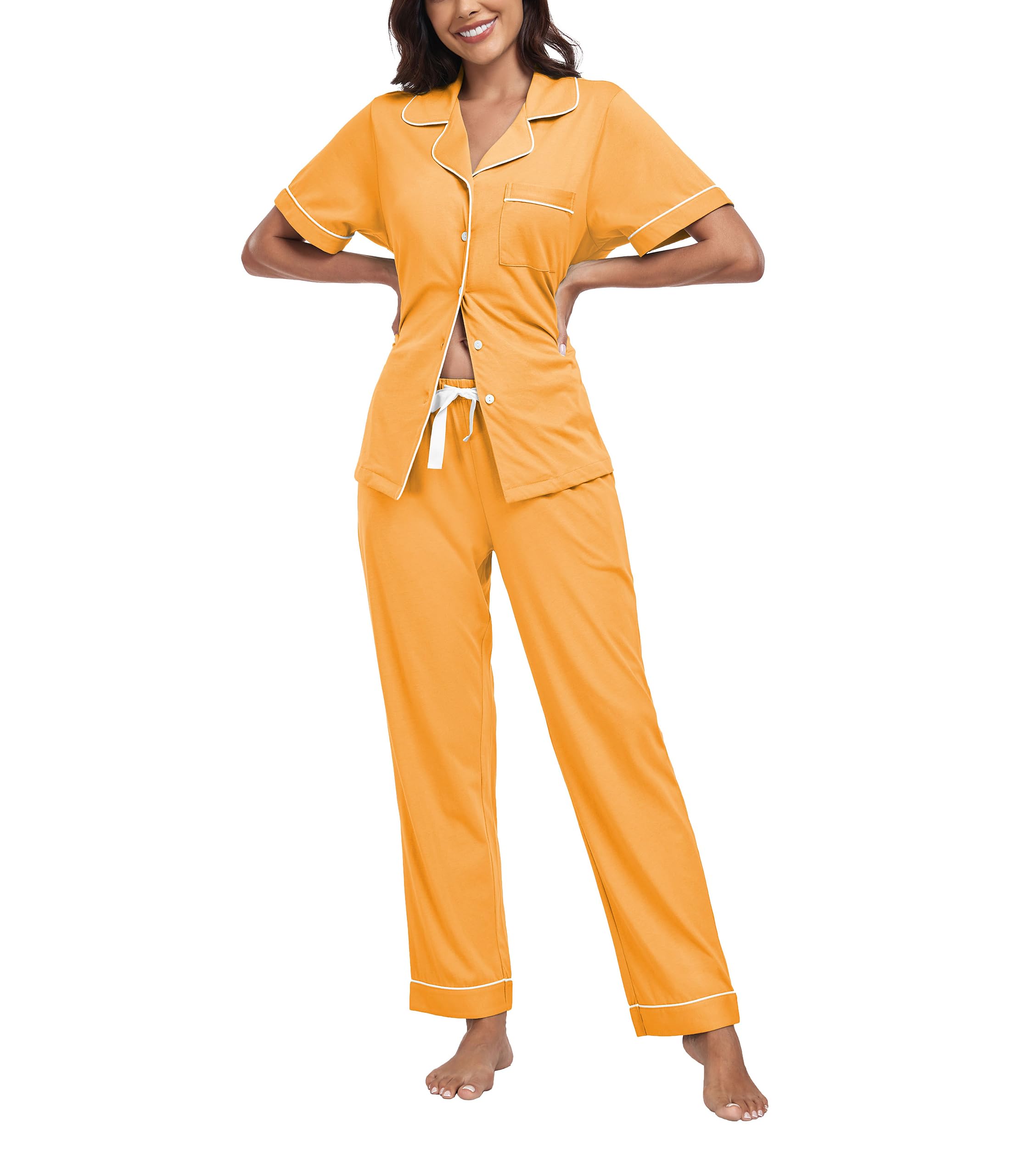 ANLIQI 100 Cotton Pajamas for Women Set Short Sleeve Top Pajama Pants Button Down Sleepwear Pjs Lounge with