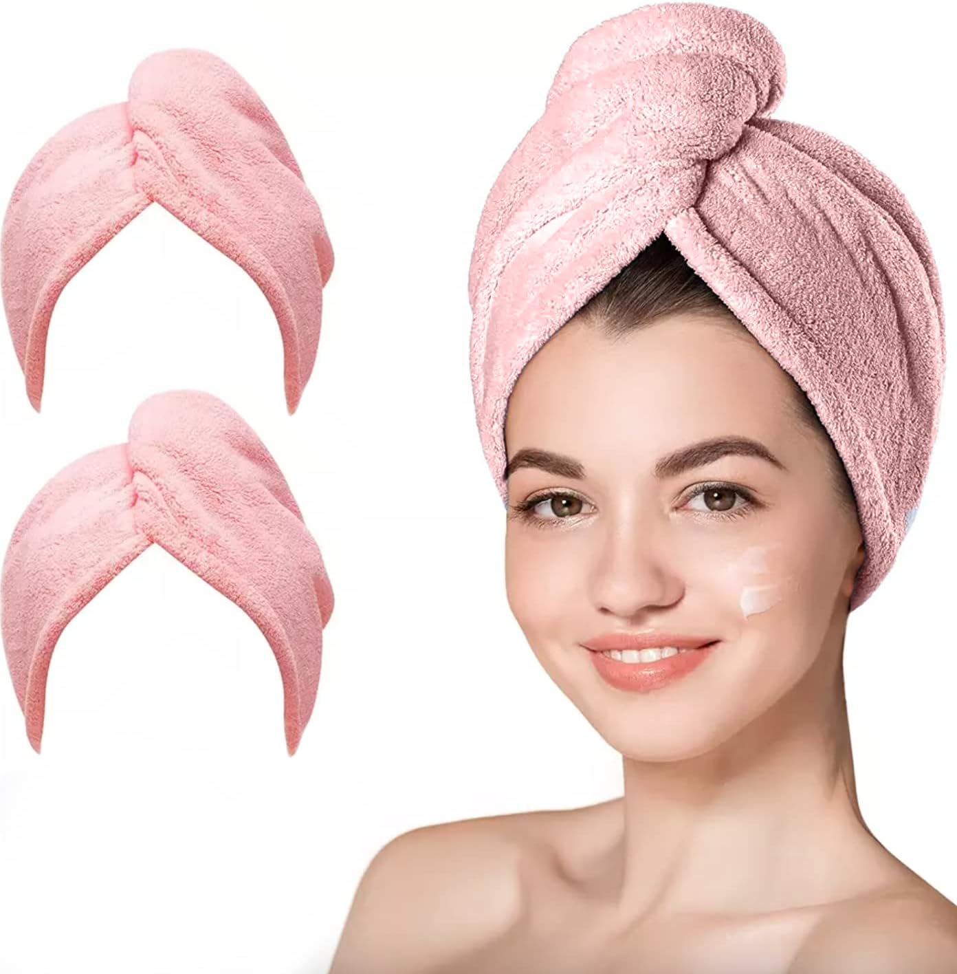 unel Microfiber Hair Towel, Fast Drying Soft and Anti Frizz Head Towel, Super Absorbent Turban Cap 65cm x 25cm (Pink, 2)