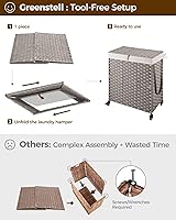 Vista 7 de Greenstell Cesta de lavandería con ruedas, no necesita instalación, cestas tejidas a mano divididas de 110 litros y 2 bolsas extraíbles con forro
