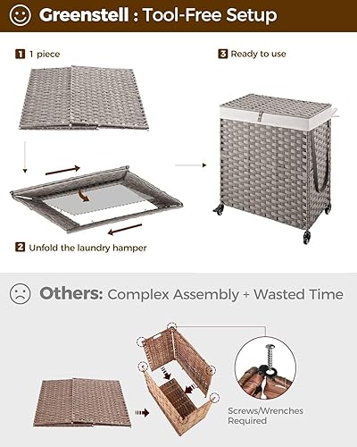 Miniatura 7 de Greenstell Cesta de lavandería con ruedas, no necesita instalación, cestas tejidas a mano divididas de 110 litros y 2 bolsas extraíbles con forro,