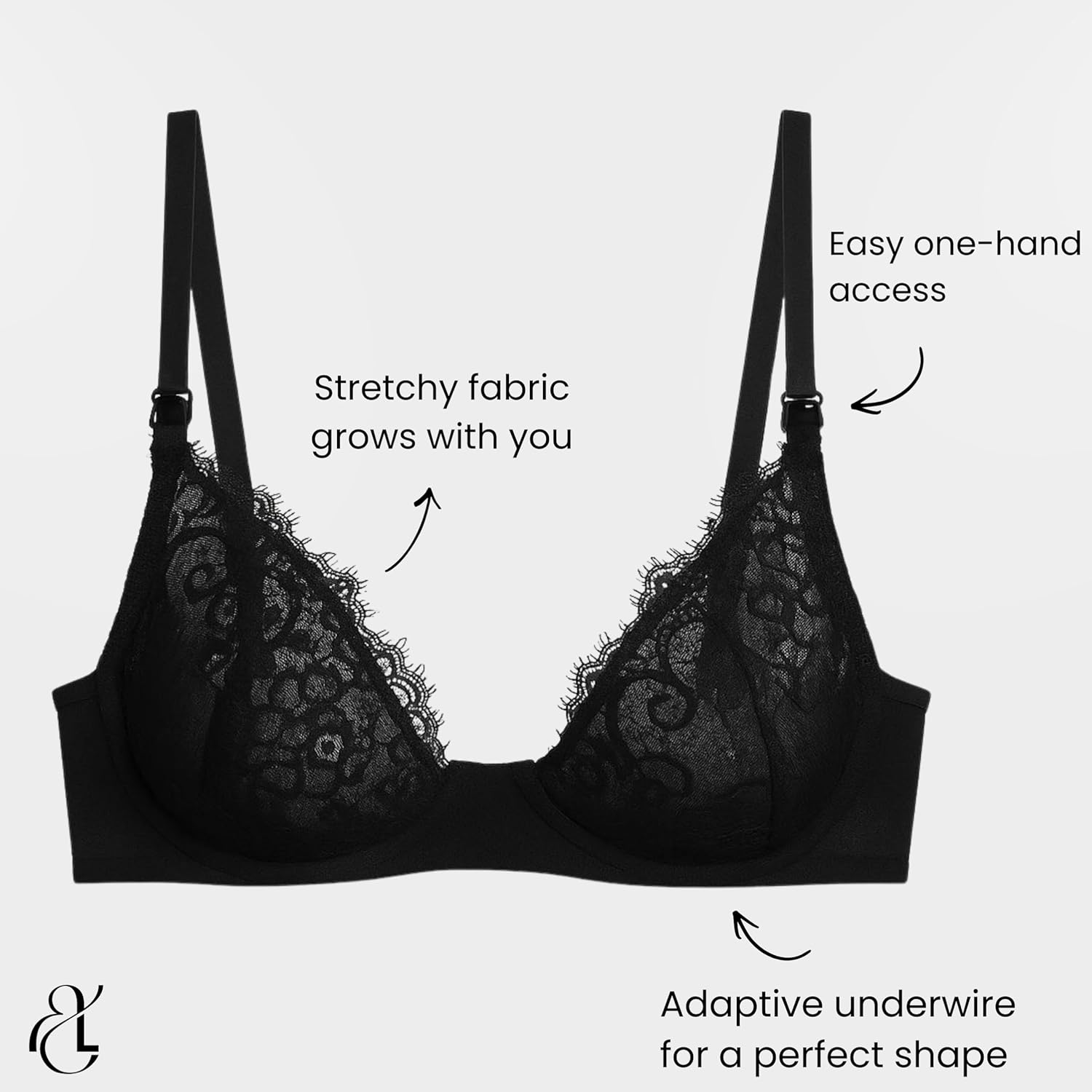 MILK&LACE Gaia Nursing Bra – Soft Stretch Lace Maternity Bra with Gentle Underwire, One-Hand Clips & Adjustable Fit