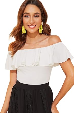 WDIRARA Womens Stretchy Off Shoulder Ruffle Sleeve Sexy Slim Blouse Tops | Off Shoulder, Ruffle Sleeve, Flounce, Going Out Shirts