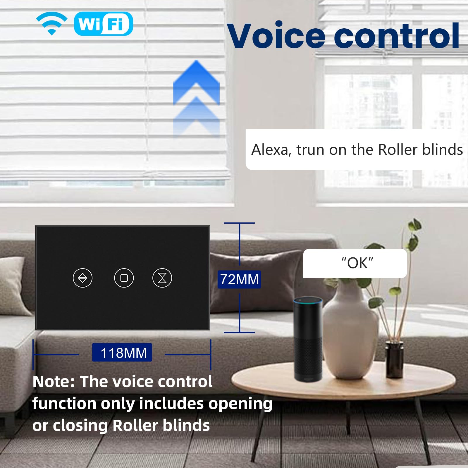 Smart Rolladenschalter Neutraldraht Erforderlich, 2,4 GHz WiFi Rolladenschalter mit Fernbedienung Sprachsteuerung, gehärtetes Glasscheibe, Arbeit mit Alexa und Google Home, schwarzer