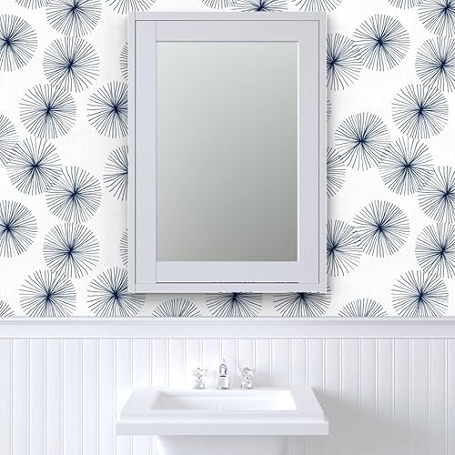 Miniatura 9 de Papel tapiz autoadhesivo de 9 x 2 pies, diseño moderno de mediados de siglo, dientes de león, blanco, azul marino, círculo, minimalista, neutral,