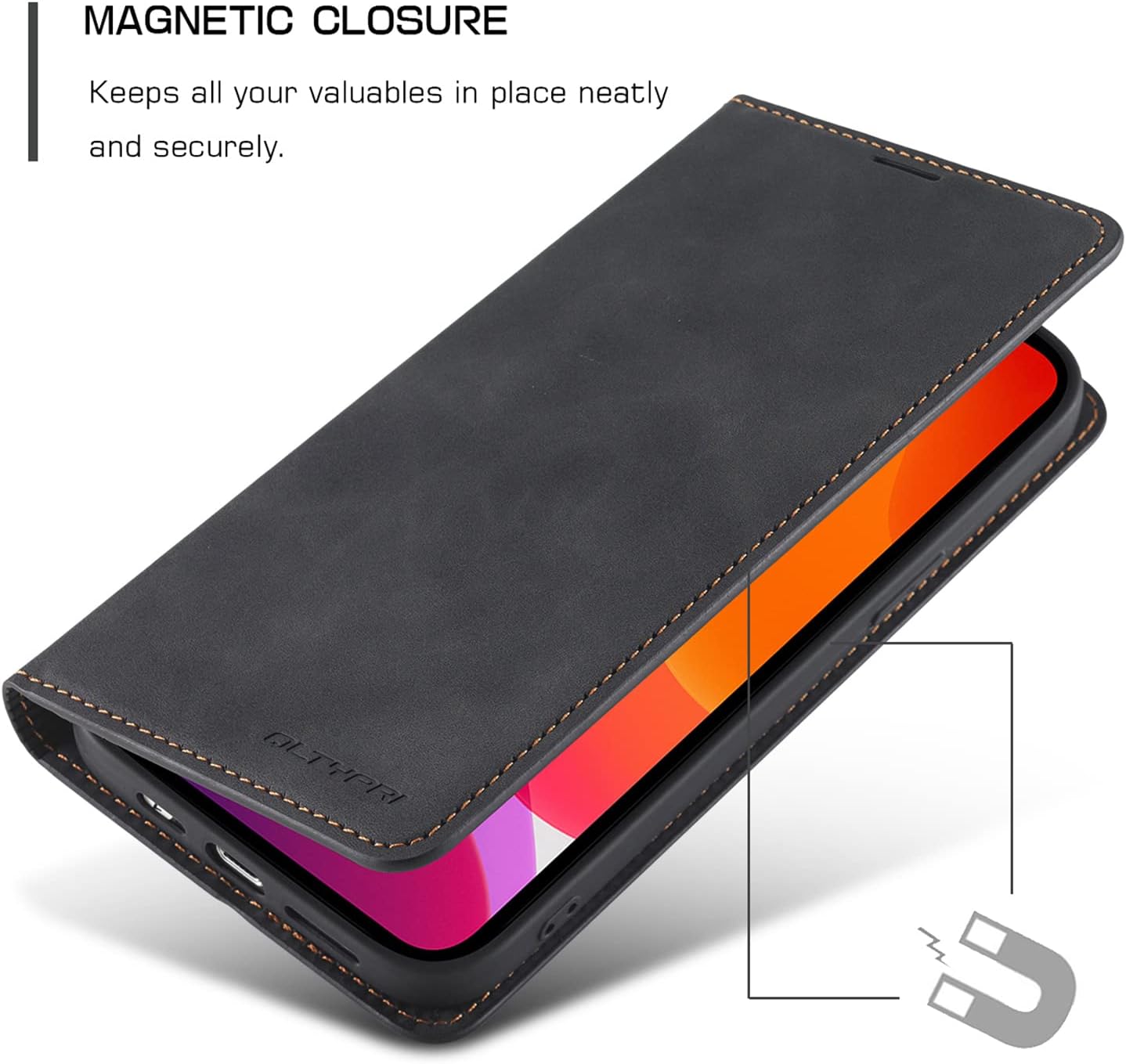 QLTYPRI Case for iPhone 14 Pro, Premium PU Leather Cover TPU Bumper with Card Holder Kickstand Hidden Magnetic Adsorption Shockproof Flip Wallet Case for iPhone 14 Pro (6.1 inch) - Black - Image 4