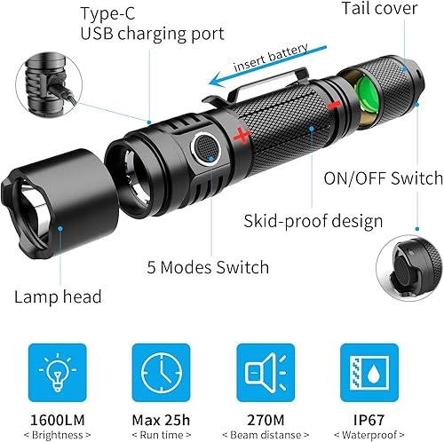 Miniatura 4 de COSMOING Linterna LED de alta potencia USB C recargable, 1600 lúmenes linterna táctica IP65 impermeable linterna de mano para emergencia, policía