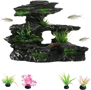 Artificial Rockery with Aquatic Plants for Aquarium Decoration - Easy-to-Clean Christmas Decoration for Betta Fish Tanks (1 Artificial Rockery, 4 Aquatic Plants)