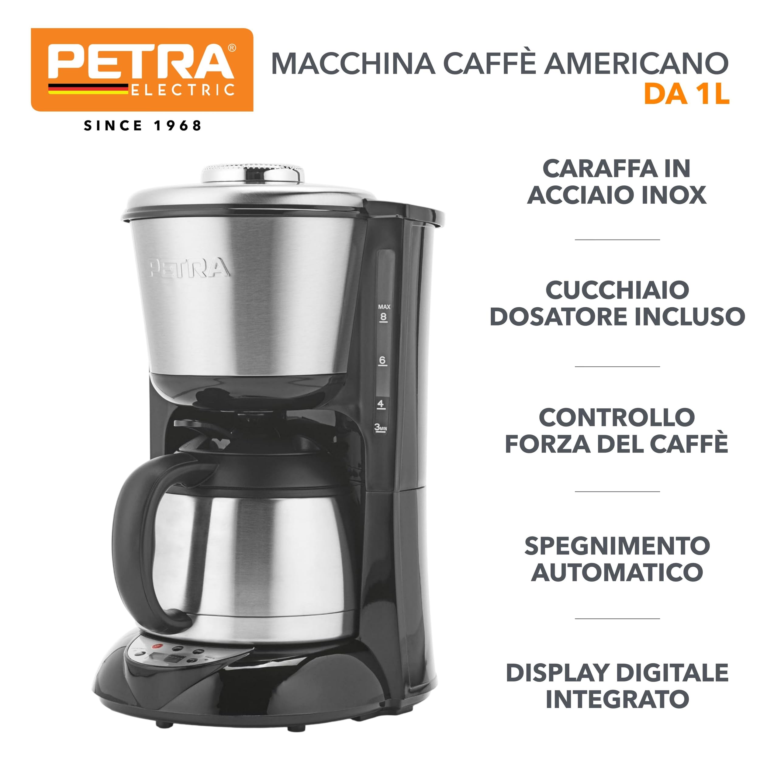 Petra Macchina da Caffe Filtro – 1L Macchina per Caffe Americano, Caraffa in Acciaio Inox, Display Digitale, Controllo della Forza del Caffe Compatibile con Caffè Macinato, 800W, PT6162VDE