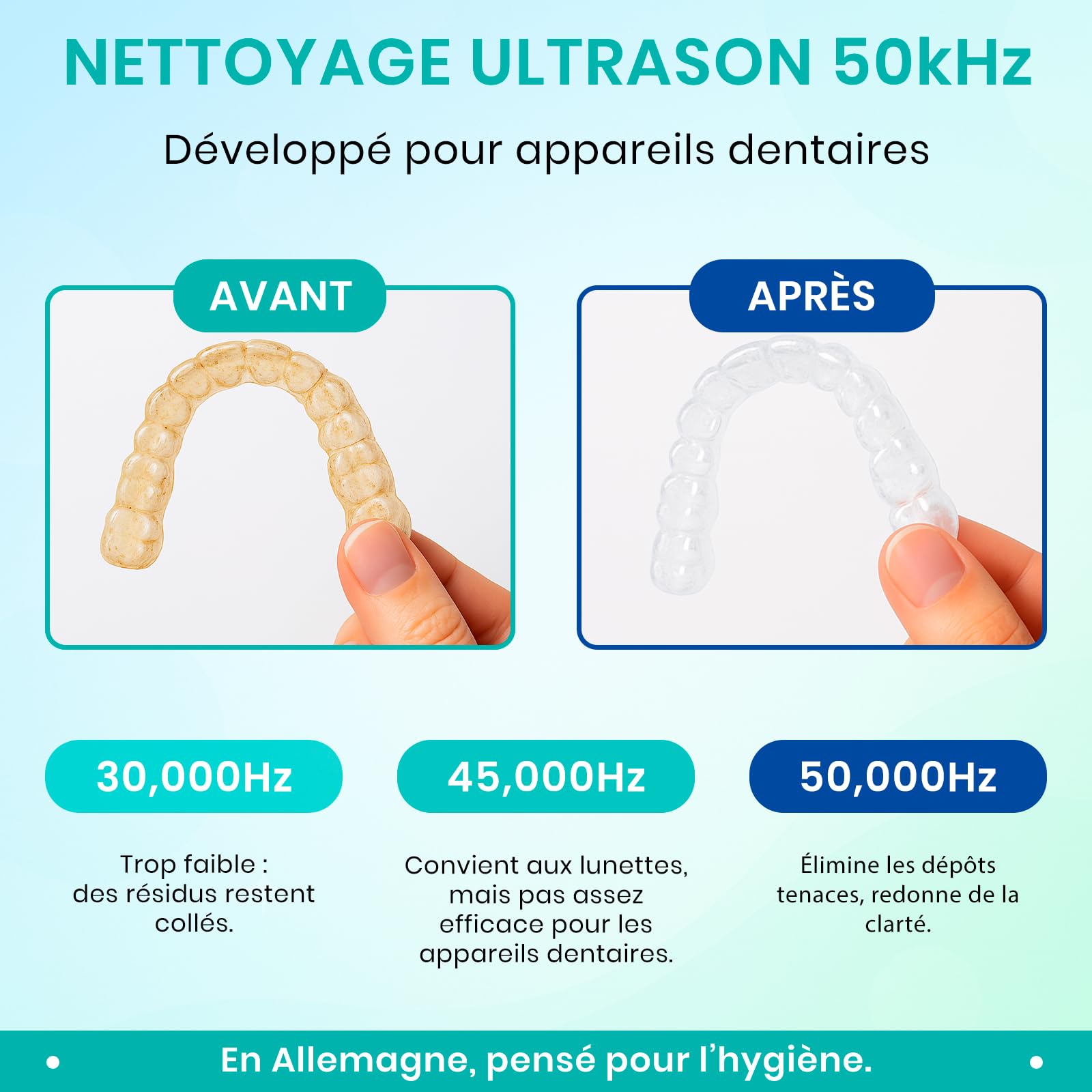mfa® | Nettoyeur à ultrasons pour prothèses dentaires, appareils orthodontiques, gouttières, aligneurs, dentiers, protège-dents, bijoux | Ultrasonic Dental Cleaner